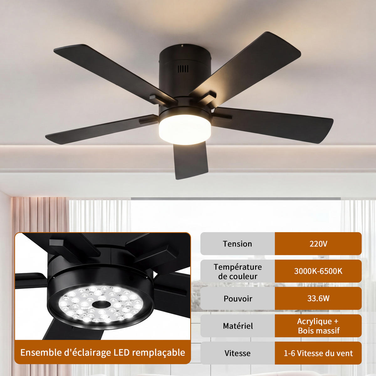 DECKENVENTILATOR 106,6cm Direktmontage Schwarz 5 Flügel DC Motor - Schwarz, Kunststoff (107/107/28cm) - CASIVA