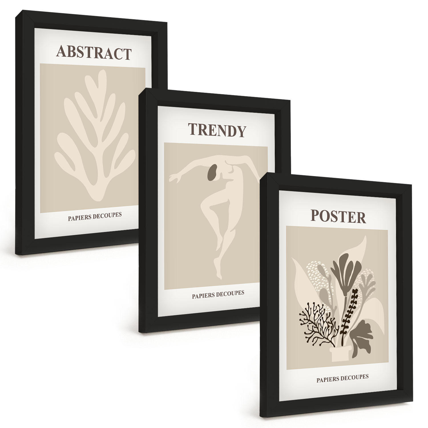 BILDER SET 3er Set - 20x30 cm Schwarzer Rahmen - Blumenmuster beige braun - Schwarz, Kunststoff (20/30cm) - TULUP