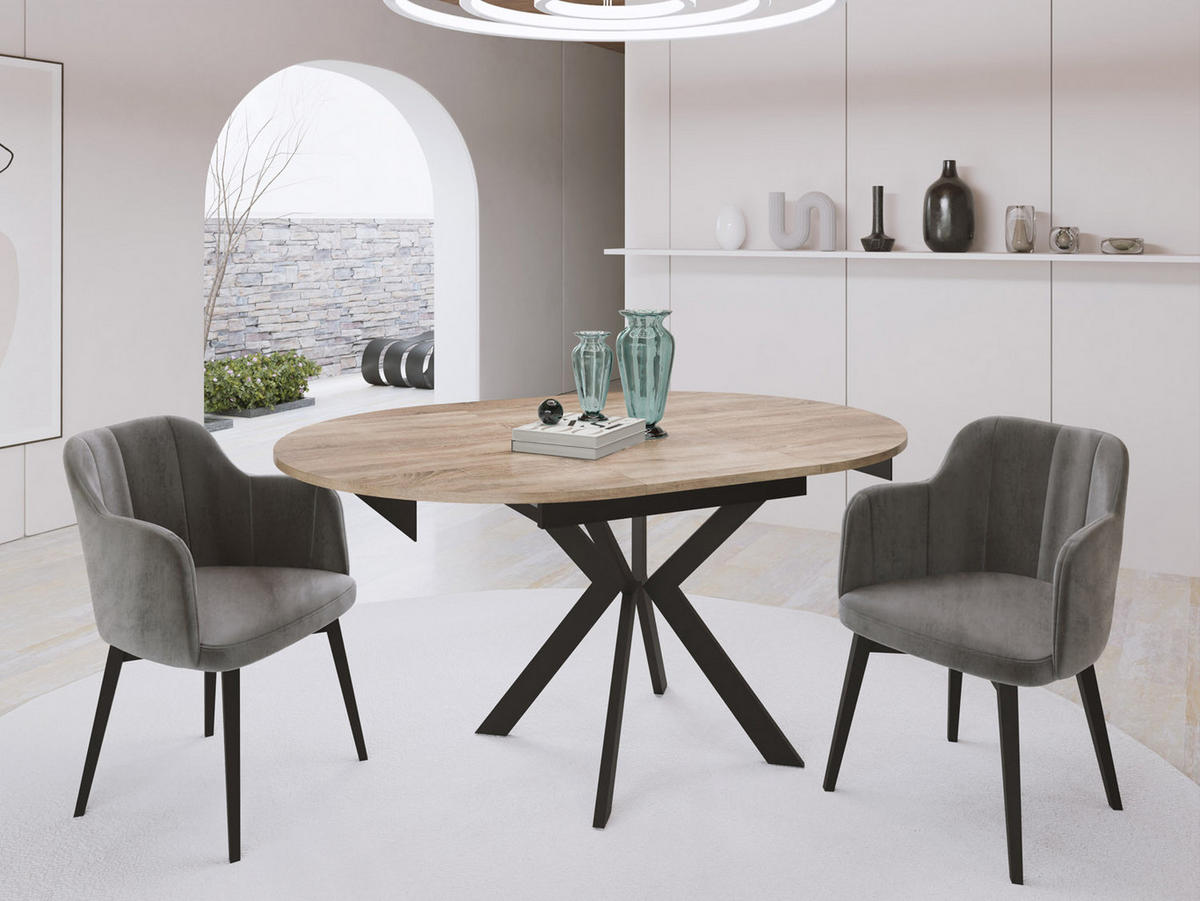 ESSTISCH Lily runder ausziehbarer, Sonoma Eiche 100-140/100/76 cm - Schwarz/Sonoma Eiche, Holzwerkstoff/Metall (100/100/76cm) - WFL GROUP