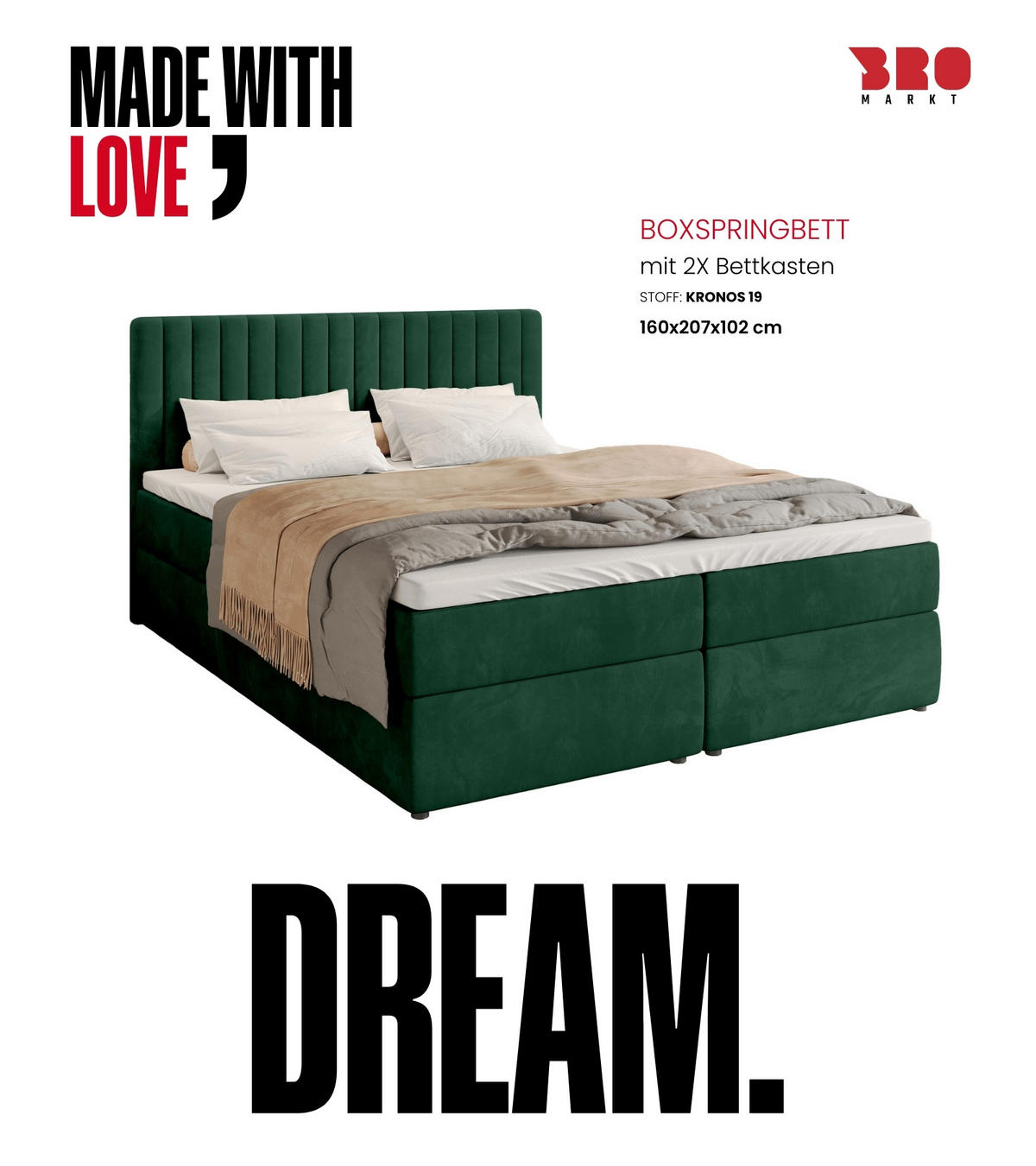 BOXBETT Dream mit Topper 160/200 Grün - Grün, Holzwerkstoff/Textil (160/200cm) - Bromarkt