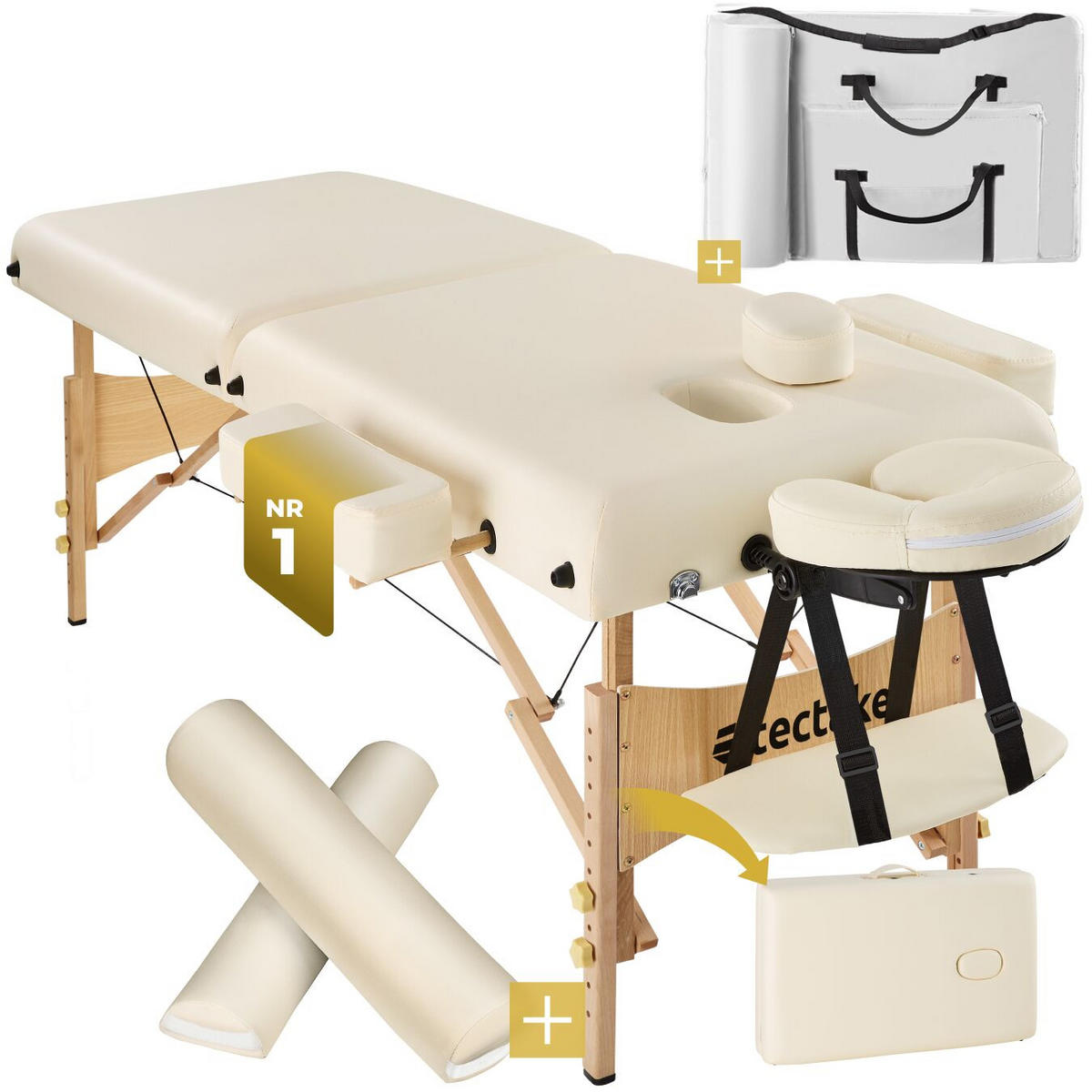 MASSAGELIEGE 2 Zonen, 220 x 83 x 87,5 cm, beige - Beige, Holz (59/65.5/187cm) - tectake