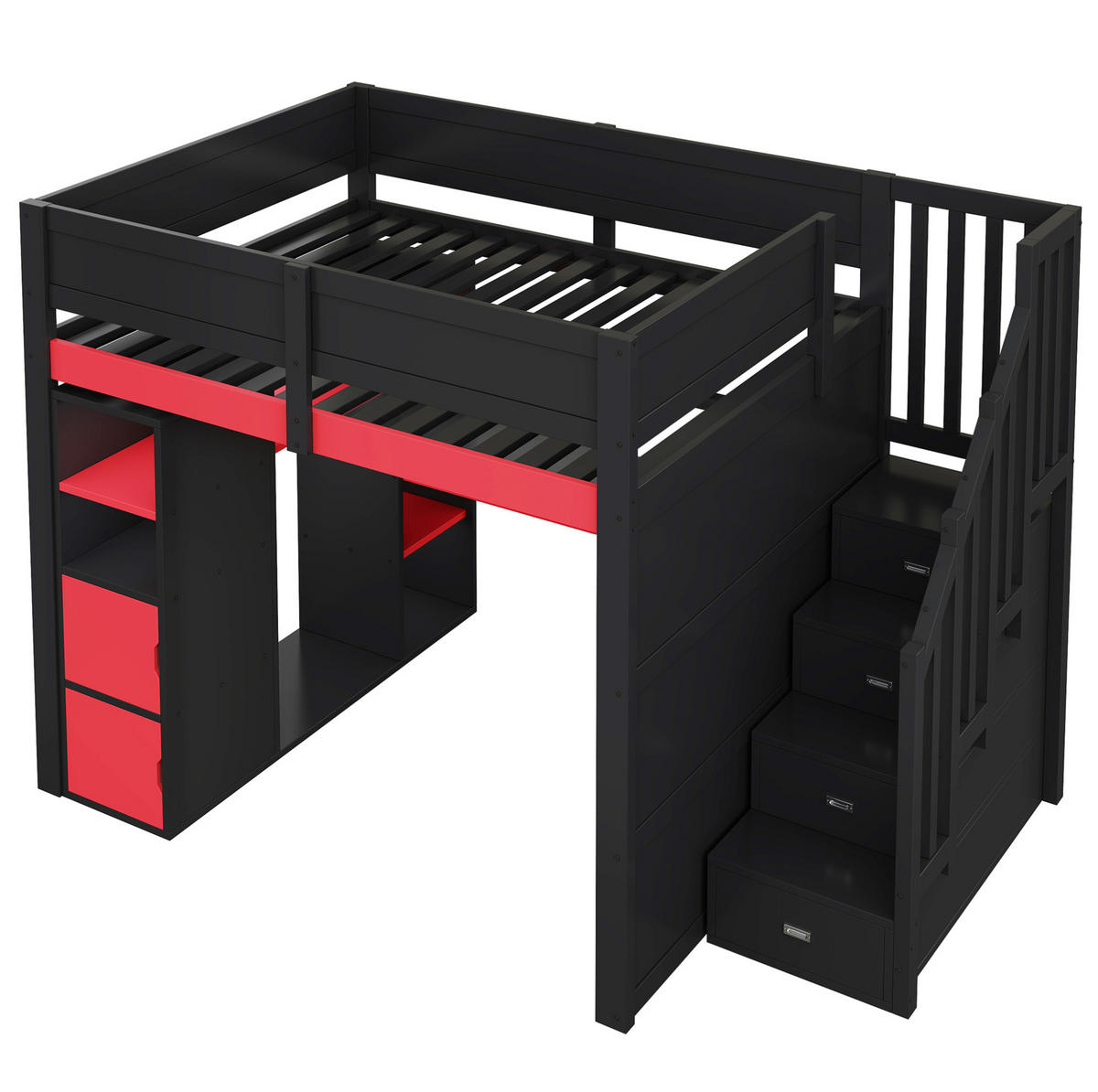HOCHBETT aus MDF und Sperrholz 140x200 cm Schwarz/Rot mit Schreibtisch, LED-Beleuchtung und Treppe mit Stauraum - Schwarz, Holzwerkstoff (140/200cm) - Modfu