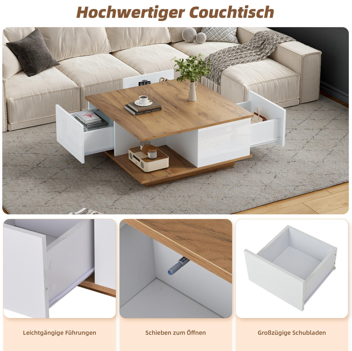 COUCHTISCH 70/70 cm mit 3 Schubladen und Ablagefach in Weiß/Walnuss - Walnussfarben, Holzwerkstoff (70/70/31.5cm) - BEAOK