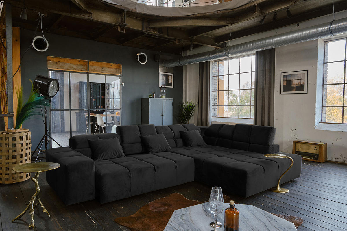 ECKSOFA MIT MOTORISCHEM SITZVORZUG NEVADA Schwarz Velvet - Schwarz, Textil (319/215cm) - KAWOLA