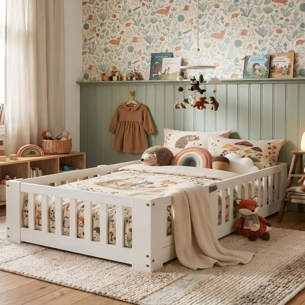 BODENBETT Modern mit Schließbarer Sicherheitstür 120/200 cm Kiefer-Massivholz Weiß - Weiß, Holz (120/200cm) - Creahappy