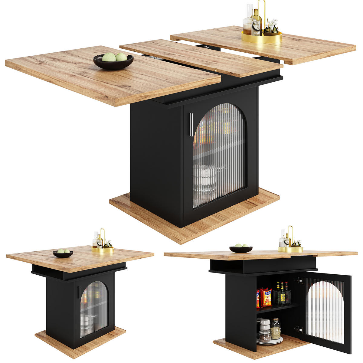 ESSTISCH in Schwarz und Holzoptik 110-140/70/76 cm - Schwarz, Glas/Holzwerkstoff (140/70/76cm) - Urban Meuble