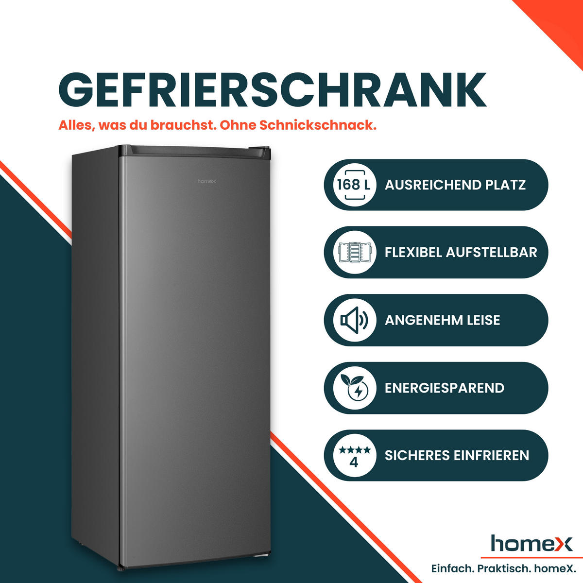 GEFRIERSCHRANK FS1682E-S groß - 168L Nutzinhalt, 4-Sterne Gefrieren, Freezer, leise 37 dB, silber - Silberfarben, Kunststoff/Metall (54.5/142.5/57.5cm) - homeX