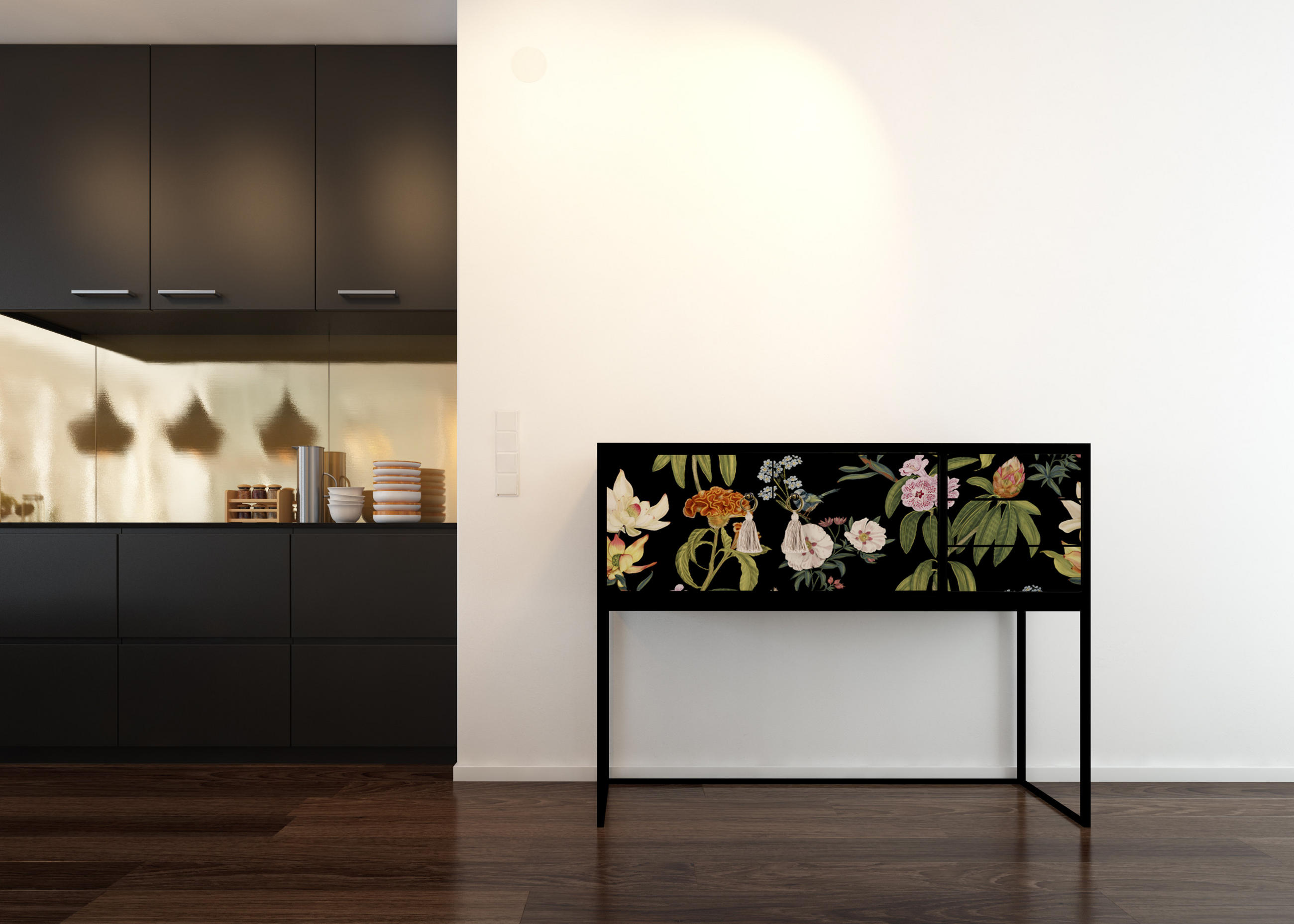 KONSOLE aus MDF mit 2 Türen und 3 Schubladen schwarzes florales Muster JARA - Multicolor, Holzwerkstoff (113/45/88cm) - RNT By Really Nice Things