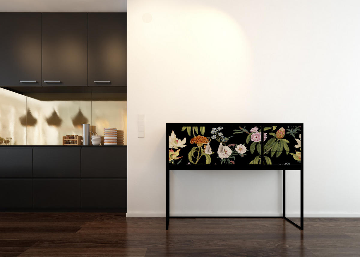 KONSOLE aus MDF mit 2 Türen und 3 Schubladen schwarzes florales Muster JARA - Multicolor, Holzwerkstoff (113/45/88cm) - RNT By Really Nice Things