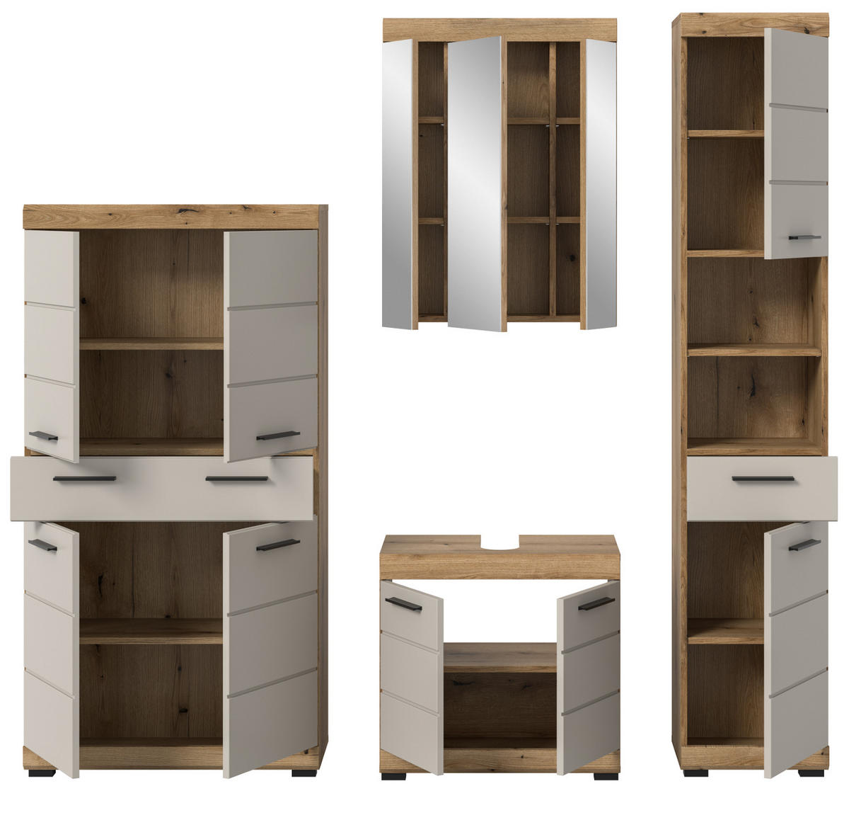 BADMÖBEL-SET Sand Kashmir, Evoke Eiche 4-teilig, Badkombination 201 cm - Kaschmir/Eichefarben, Glas/Holzwerkstoff (201/191/34cm) - Inn.Furn