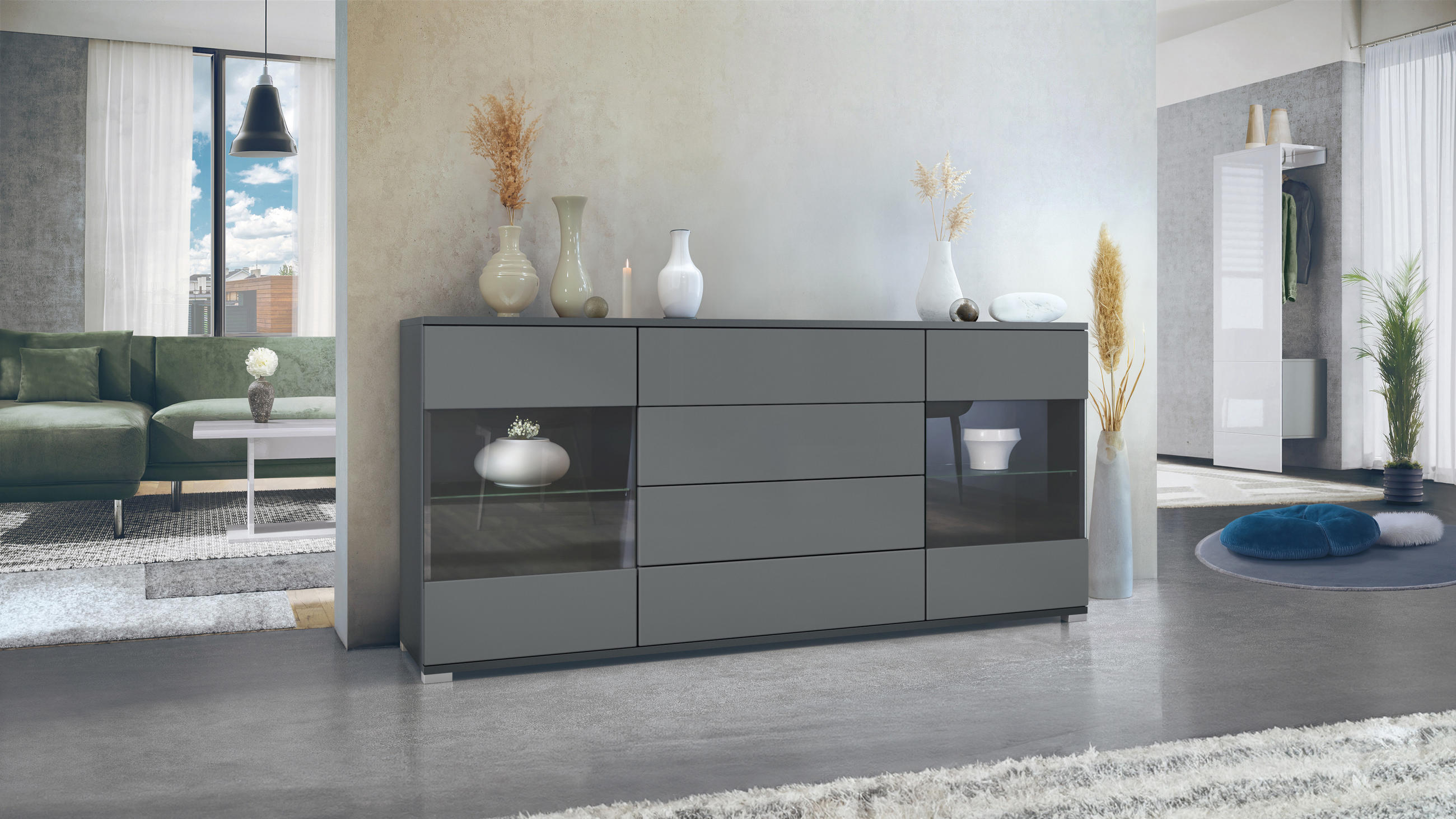 SIDEBOARD Bari Graphit Seidenmatt - Graphitfarben, Holzwerkstoff (166.5/75.5/35cm) - Vladon