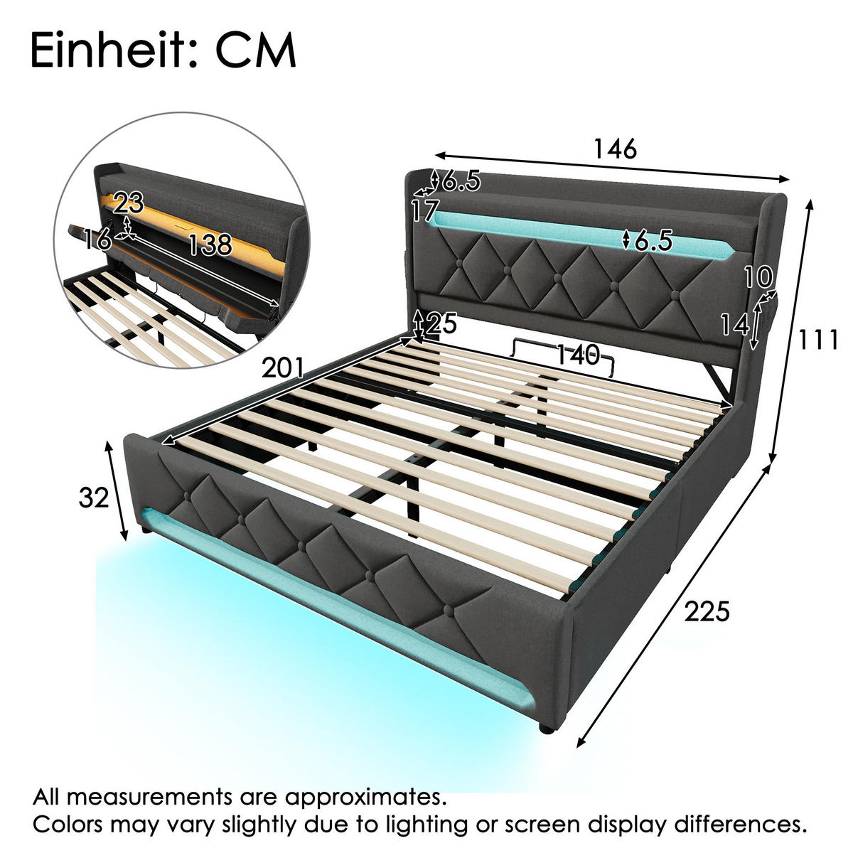 POLSTERBETT mit LED, USB und Stauraum 140x200 cm Leinen Grau - Grau, Metall (140/200cm) - Meubliv