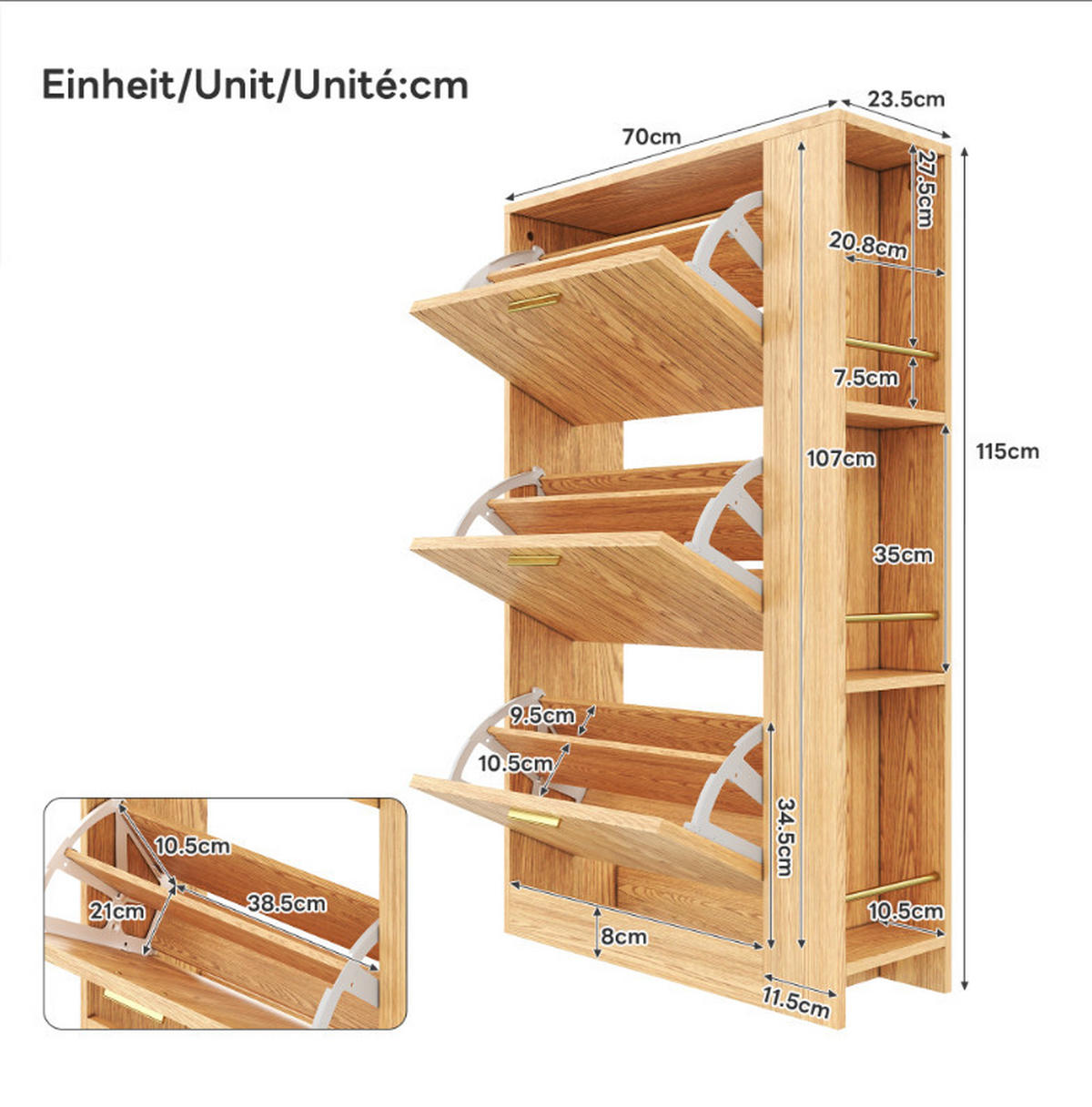 SCHUHSCHRANK 3 Türen Holz Stauraum Offene Regale Minimalistisch - Naturfarben, Holzwerkstoff (23.5/115/70cm) - FLIEKS