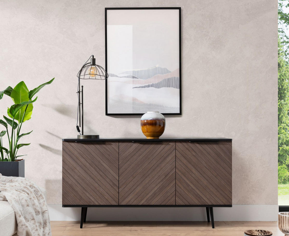 SIDEBOARD Pinelli 150 cm breite 3-türig mit Metallfüße - Schwarz/Braun, Holzwerkstoff/Metall (150/80/41cm) - Ravio