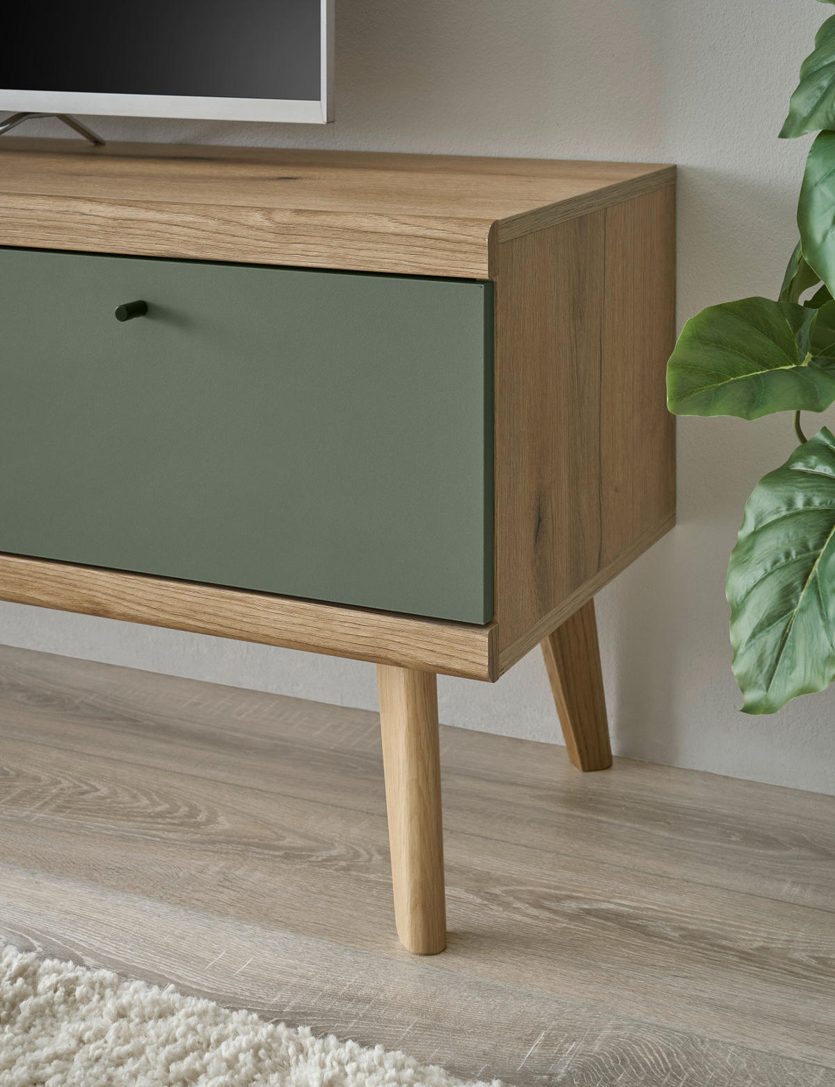 WOHNWAND 4-teilig salbei grün, Evoke Eiche, skandinavisch 324 cm, Wohnkombination - Salbeigrün/Eichefarben, Glas/Eichenholz (324/160/40cm) - Furn.Design
