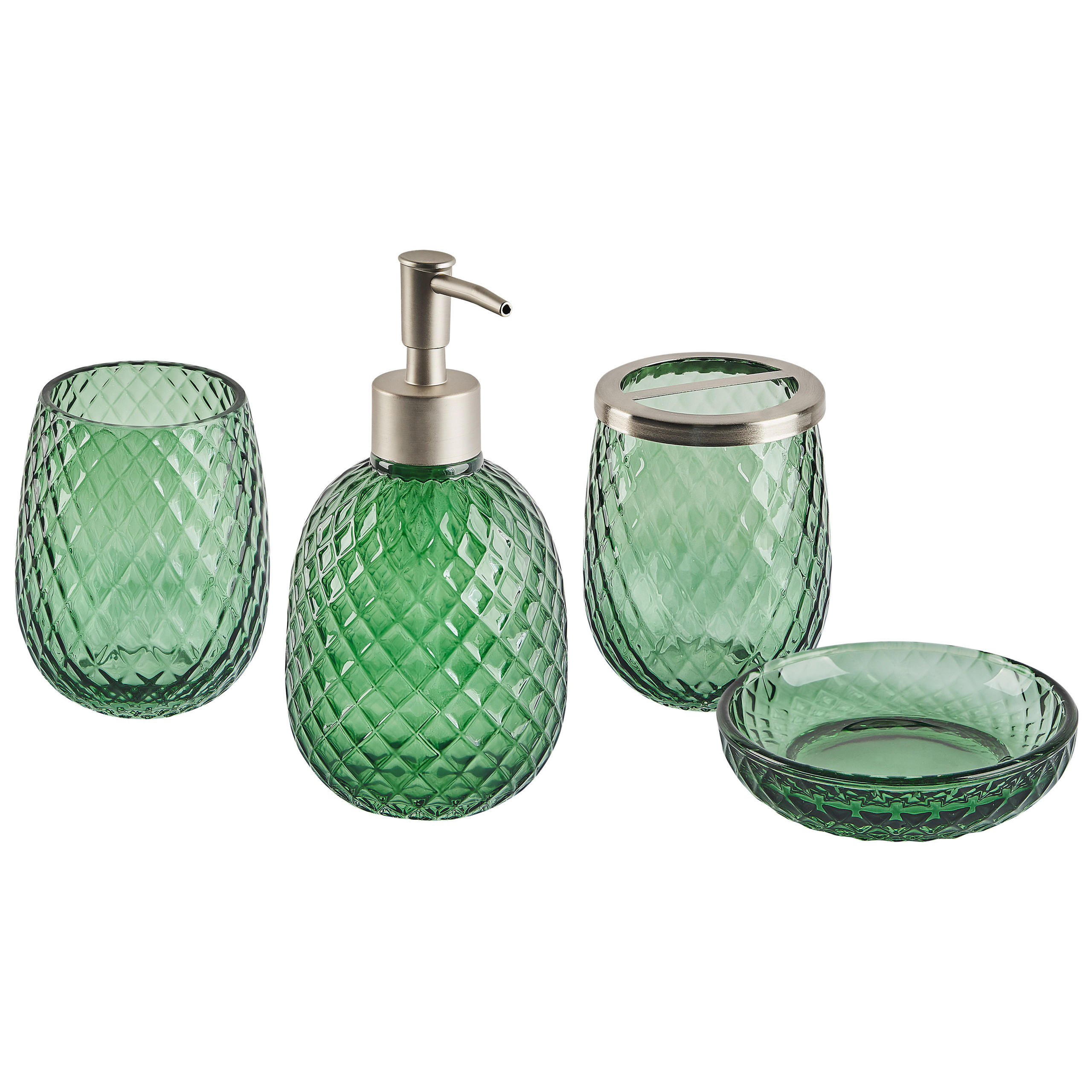 BADEZIMMER Set 4-teilig Glas grün Canoa - Silberfarben/Grün, Glas (11/17/11cm) - Beliani