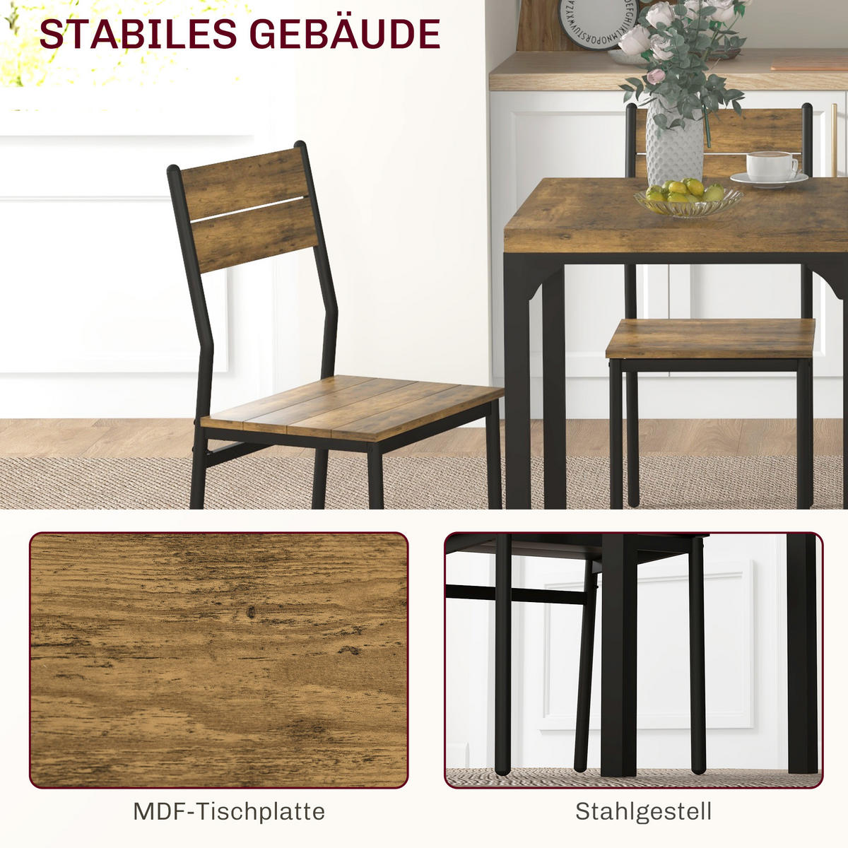 3-TEILIGE Essgruppe Küchentisch mit Metallgestell Esszimmergruppe Sitzgruppe - Braun, Holzwerkstoff (60/76/60cm) - HOMCOM