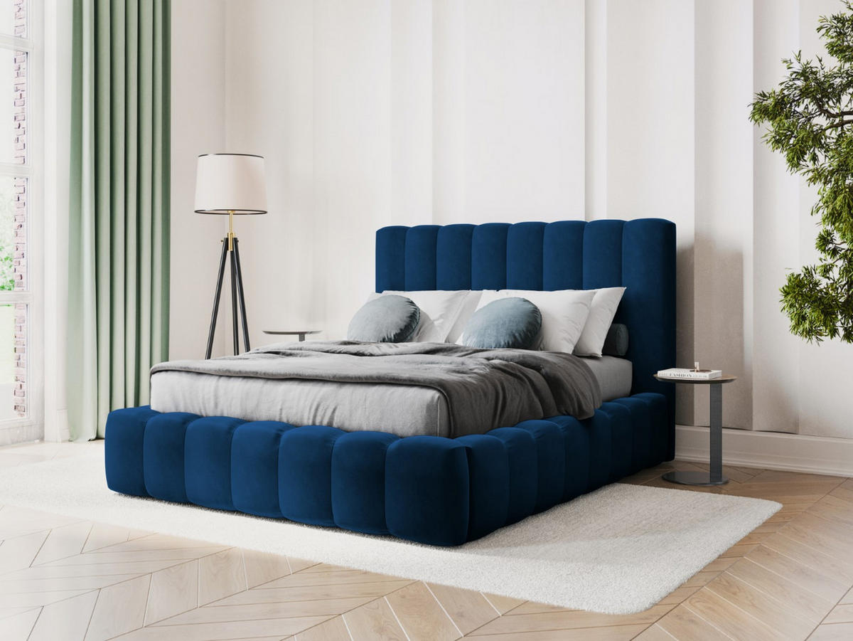 BETT mit Bettkasten und Kopfteil Kelp aus Samt königsblau 160x200cm - Blau, Textil (160/200cm) - Micadoni