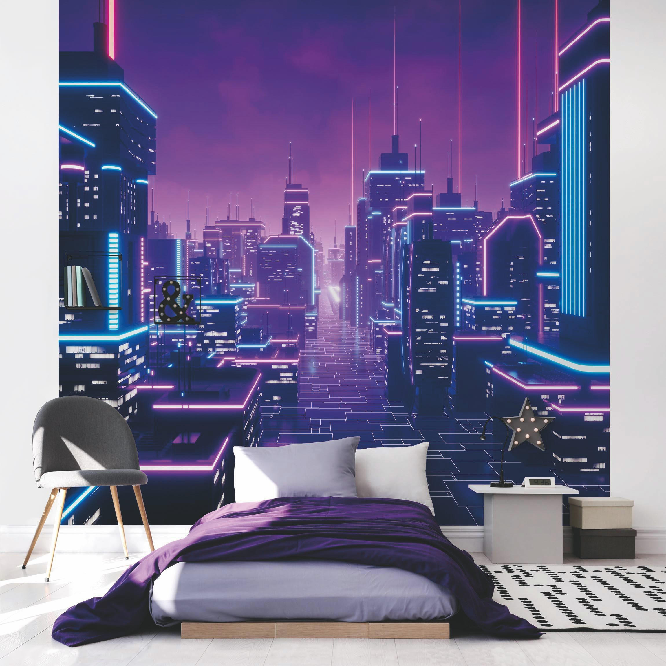 FOTOTAPETE Neon Stadtlichter 240/240 cm - Violett, Papier (240/240cm) - Bilderwelten