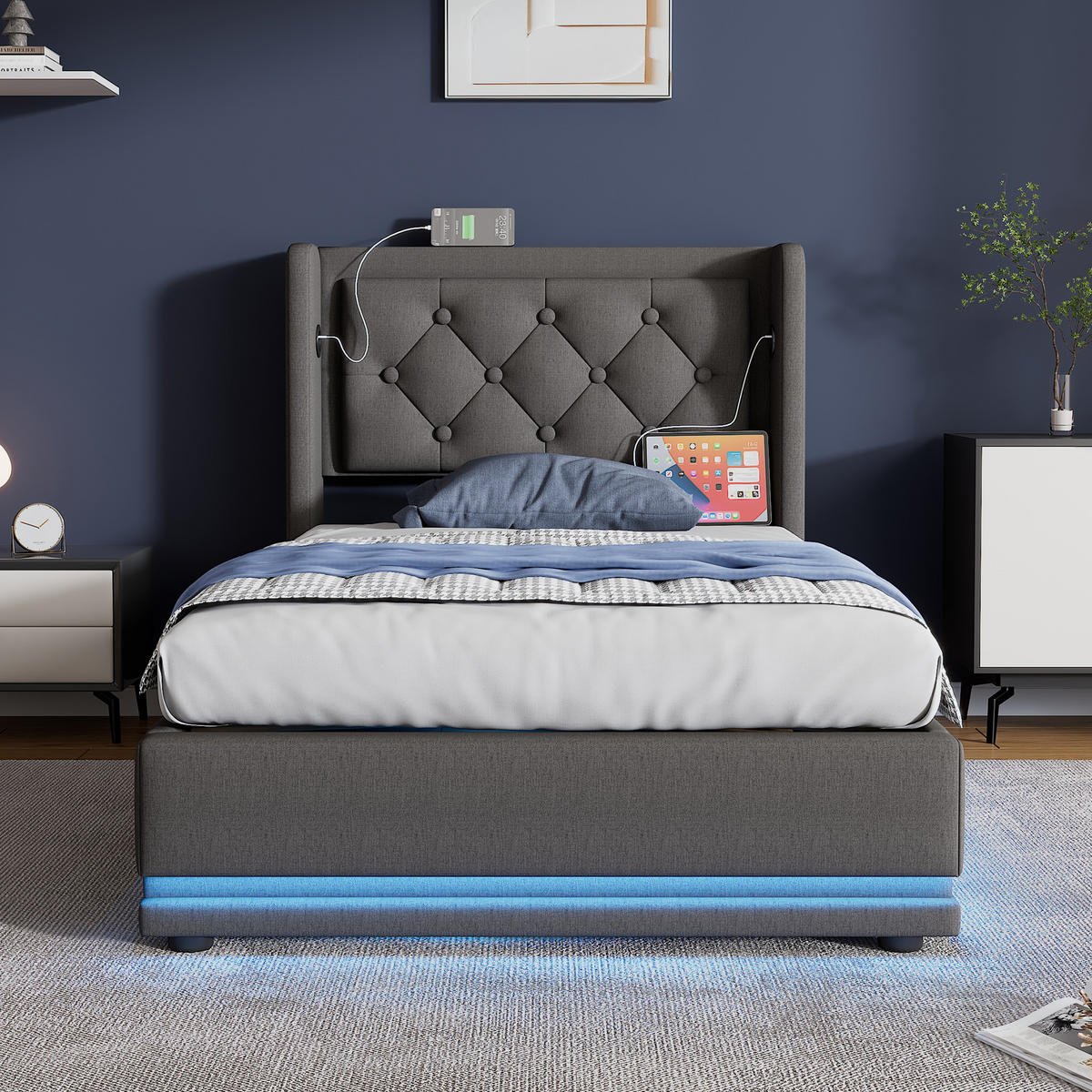 POLSTERBETT aus Baumwolle 90x200 cm in Grau mit LED & USB Typ-C - Grau, Textil (90/200cm) - Modfu