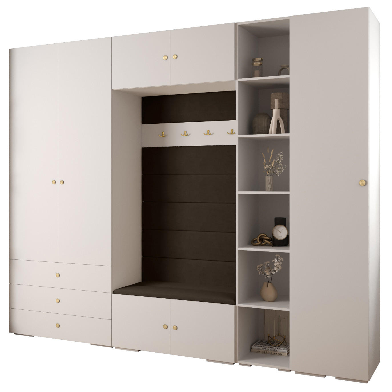 Abiks Möbel Garderoben-Set Weiß, Braun, Gold 290x236.7x47 cm
