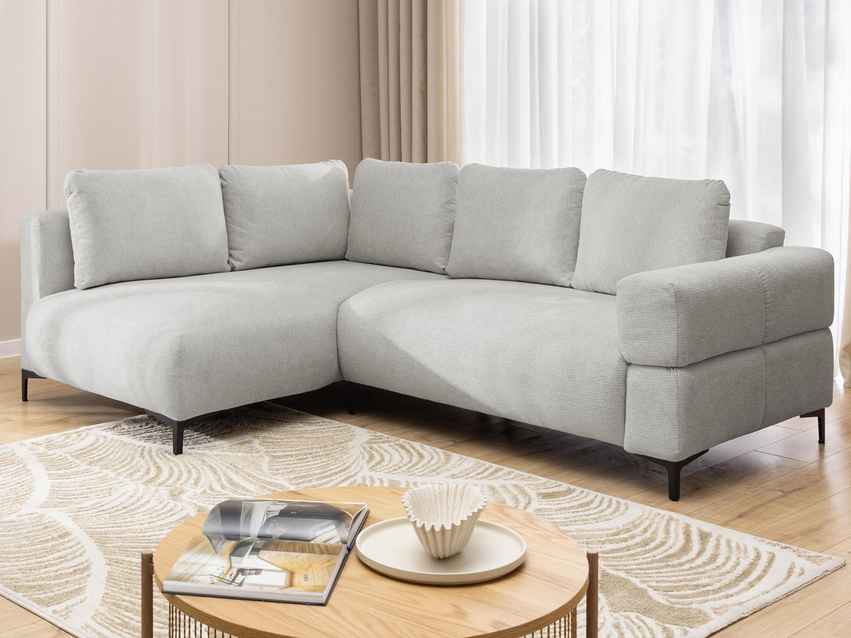 ECKSOFA Cardea in Bubble-Optik aus weichem Hellgrau Strukturstoff mit hohem Sitzkomfort - Ottomane links - Hellgrau/Schwarz, Holz/Textil (170/230cm) - S-Style Möbel