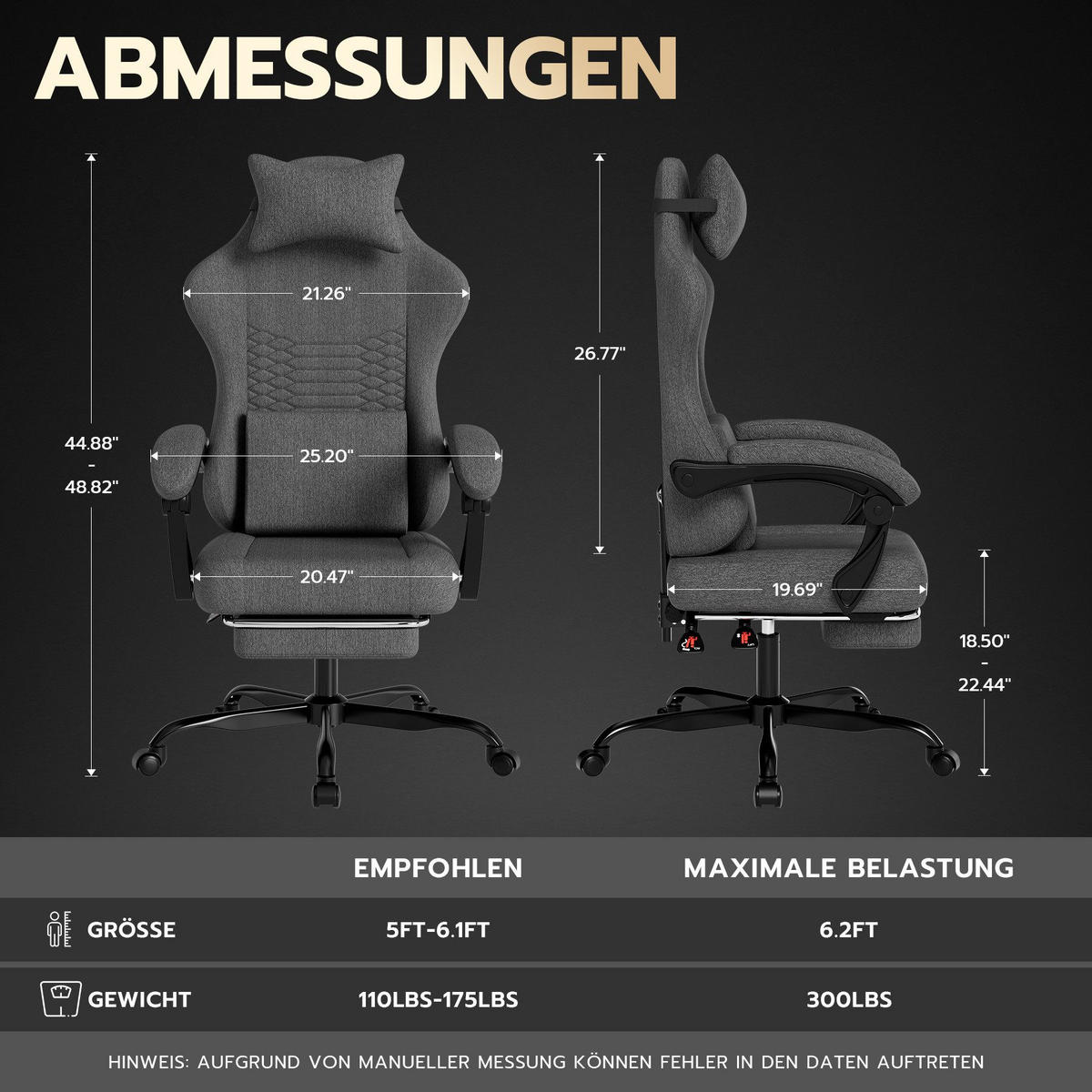 GAMING-STUHL ergonomischer, Bürostuhl mit Fußstütze & Lendenstütze - Grau, Textil (65/114/65cm)