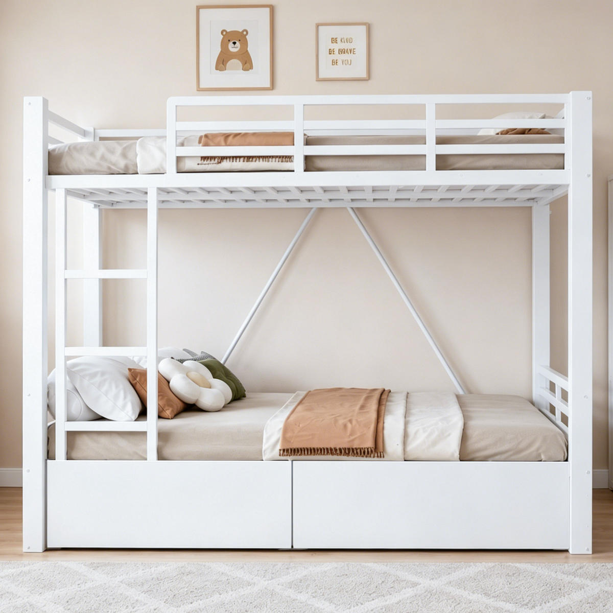 ETAGENBETT 90/200 cm & 140/200 cm in Weiß mit 2 Schubladen und Sicherheitsgeländer - Weiß, Holzwerkstoff/Metall (140/200cm) - STILVORA