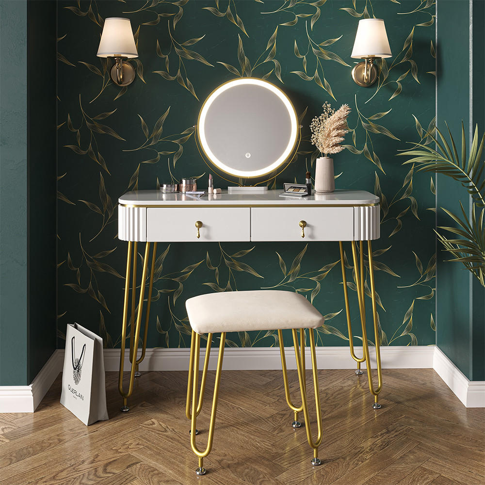 SCHMINKTISCH Grace Weiß 100 cm mit LED Beleuchtung und Hocker - Weiß Hochglanz, Holzwerkstoff (100/126/40cm) - Vicco