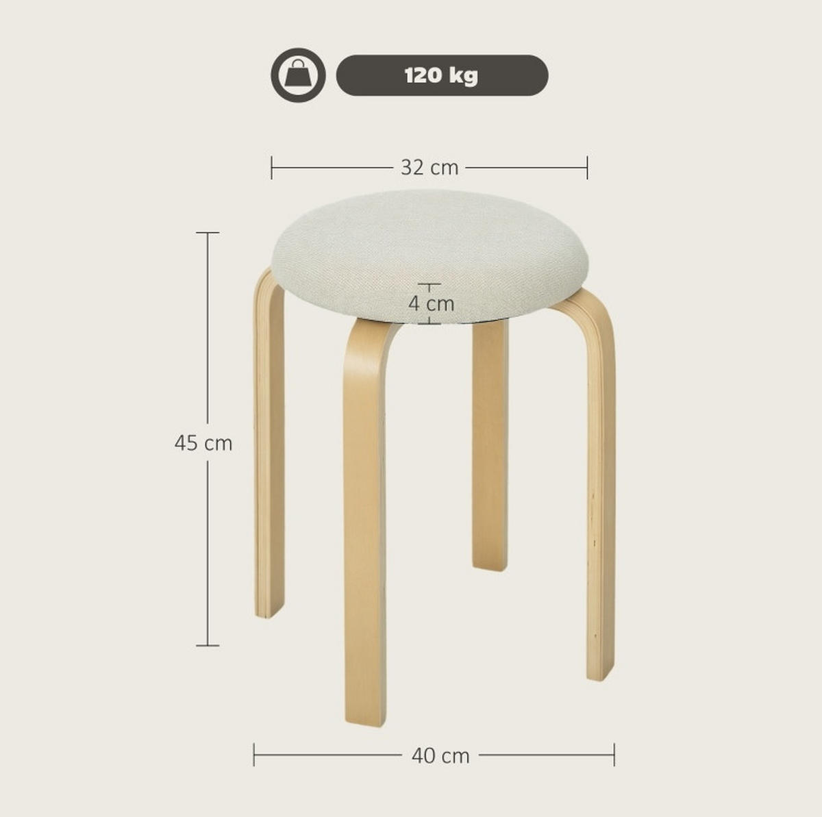 HOCKER 4er-Set 40/40/45 cm Creme stapelbar bis 120 kg - Creme, Holz (40/45/40cm) - MIVRAY