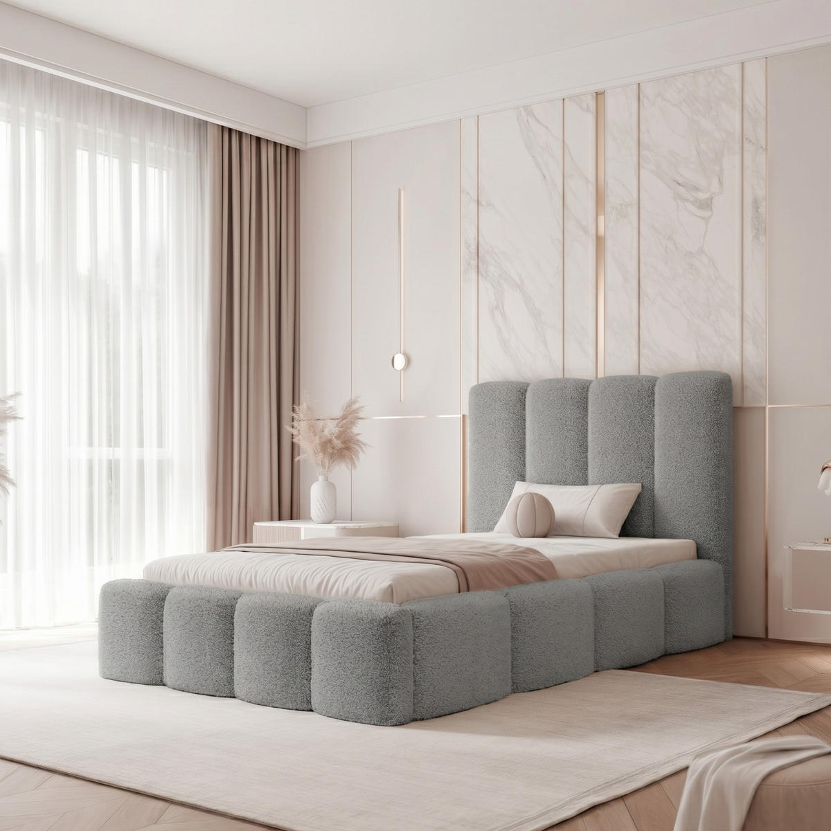 POLSTERBETT LANDARE 120x200 cm Hellgrau Bouclé (Stoff Coral) - mit Bettkasten und Lattenrost - Grau, Holzwerkstoff/Textil (120/200cm) - Ravio