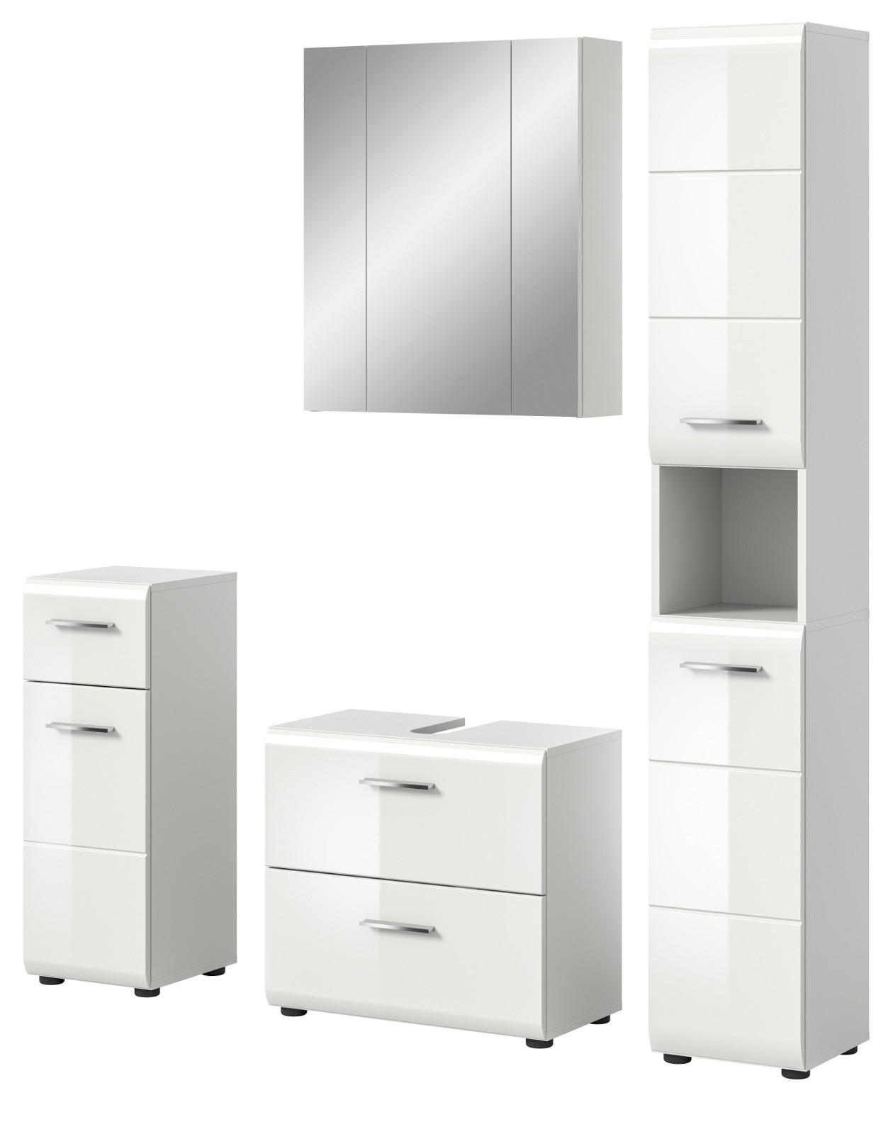 BADMÖBEL-SET 4-teilig in weiß Hochglanz Badkombination 150 x 185 cm Cover - Weiß Hochglanz/Silberfarben, Holzwerkstoff/Kunststoff (150/185/30cm) - Inn.Furn