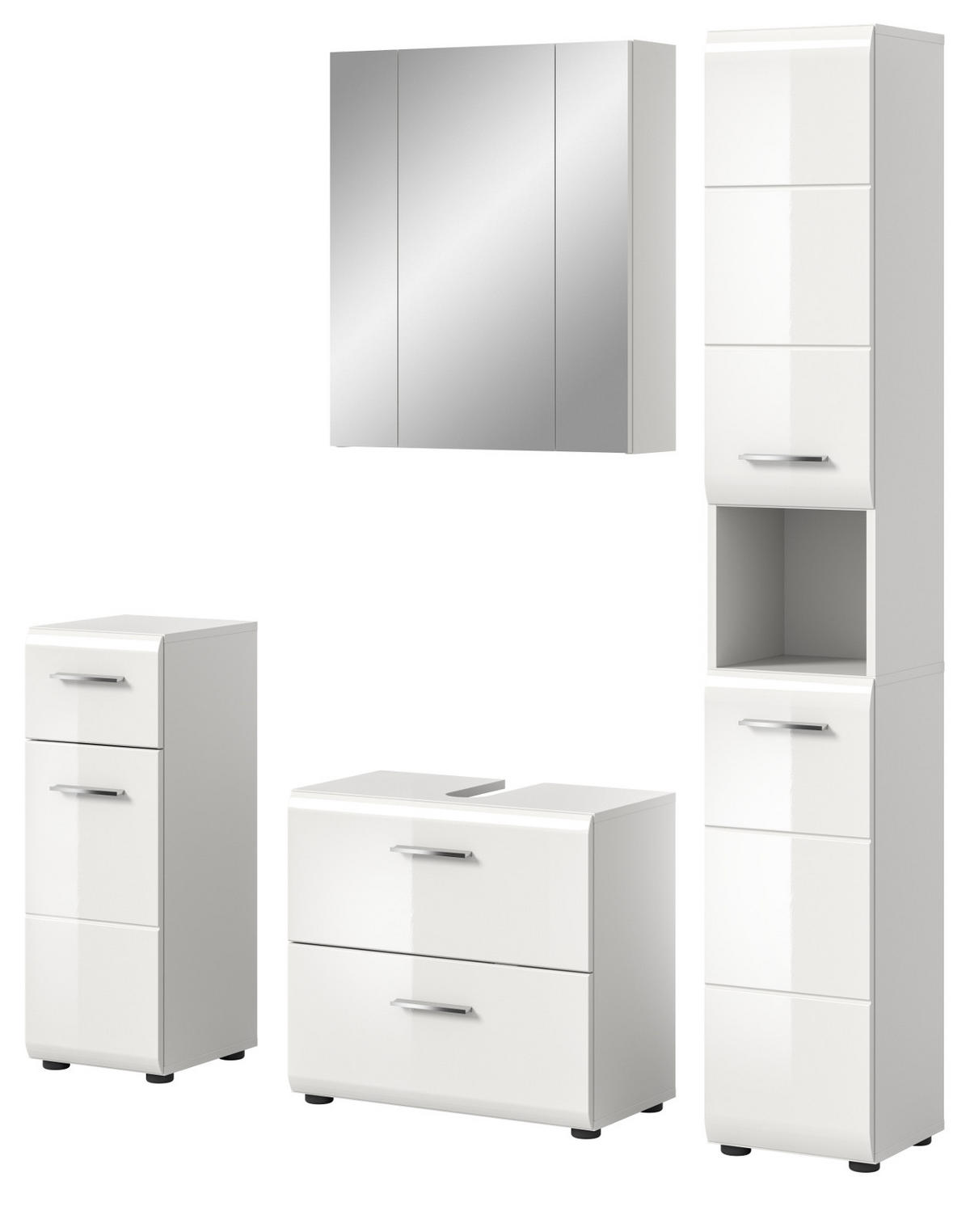 BADMÖBEL-SET 4-teilig in weiß Hochglanz Badkombination 150 x 185 cm Cover - Weiß Hochglanz/Silberfarben, Holzwerkstoff/Kunststoff (150/185/30cm) - Inn.Furn