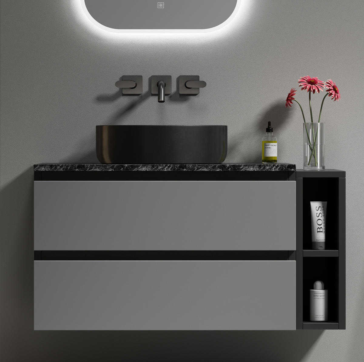 WASCHTISCHKOMBI 80 cm Schwarz/Grau aus MDF mit Marmor-Arbeitsplatte und Stauraum - Schwarz, Holzwerkstoff (80/48.5/44cm) - OKMYHOME