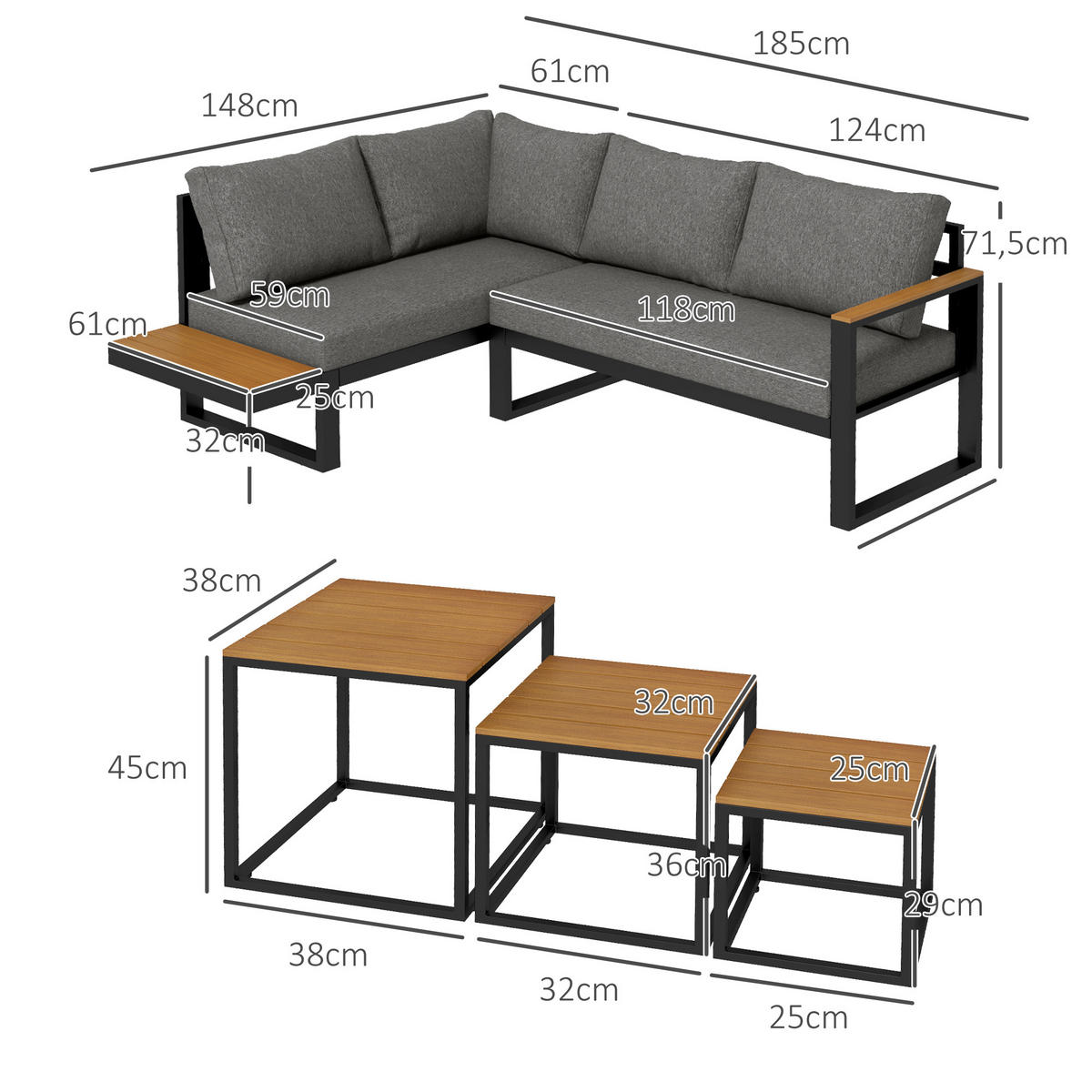 GARTENMÖBEL-SET, mit Ecksofa, Couchtisch, mit Sitzkissen, Aluminium, Kunststoff, Grau - Dunkelgrau, Kunststoff/Metall - Outsunny
