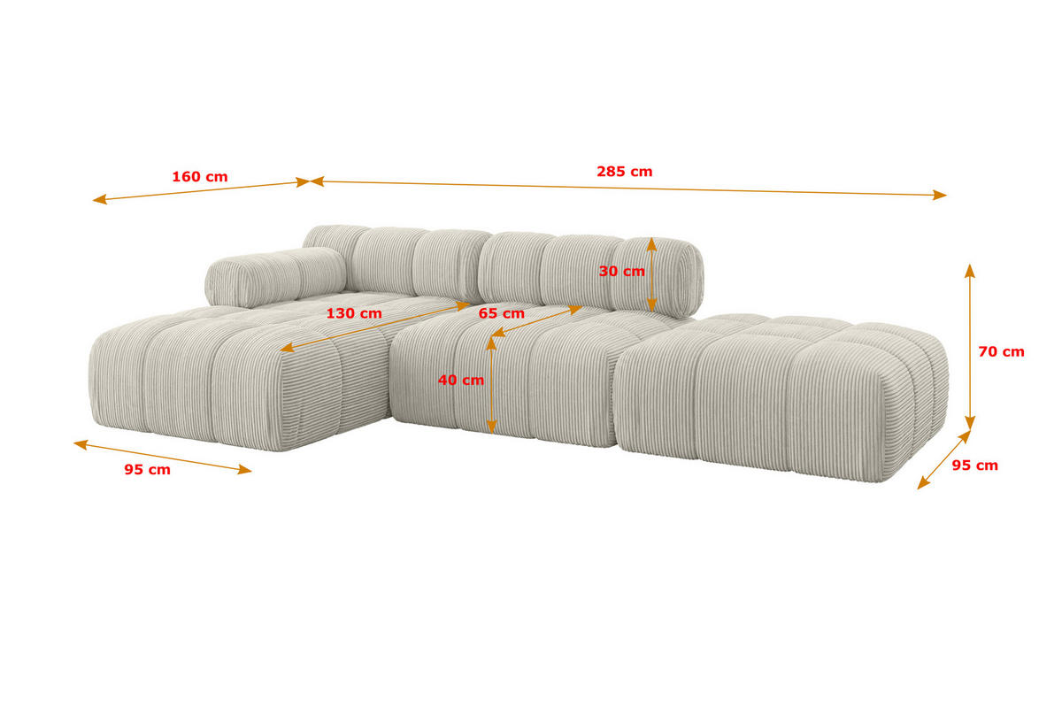 ECKSOFA modulares Sofa Lizur-L1 - 285x160x70 cm Creme Cord - Hellgrau/Creme, Holzwerkstoff/Textil (285/160cm) - ALTDECOR