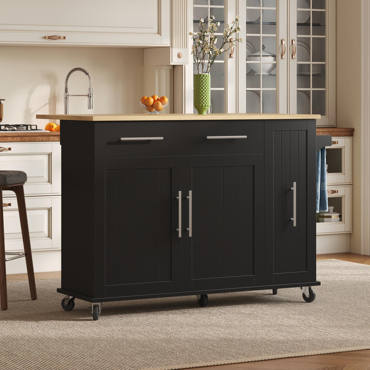 MOBILER Kücheninselwagen 120x65x90cm Schwarz mit Auszug, Klappplatte & 5 Rollen - Schwarz, Holzwerkstoff (120/90/65cm) - Modfu
