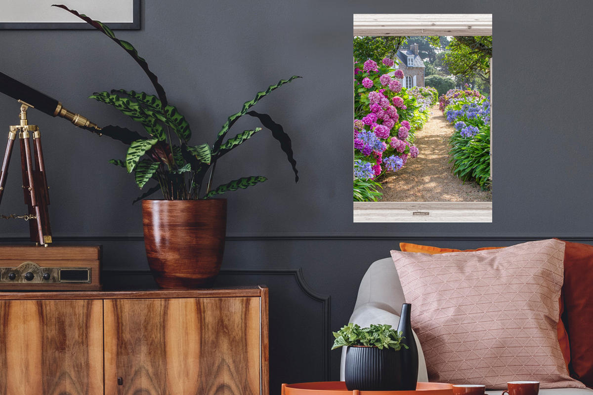 WANDTATTOO Hortensie - Fensterblick - Blumen - Sommer - Lila - Weg 40x60 cm - Lila, Kunststoff (40/60/0.1cm) - MuchoWow
