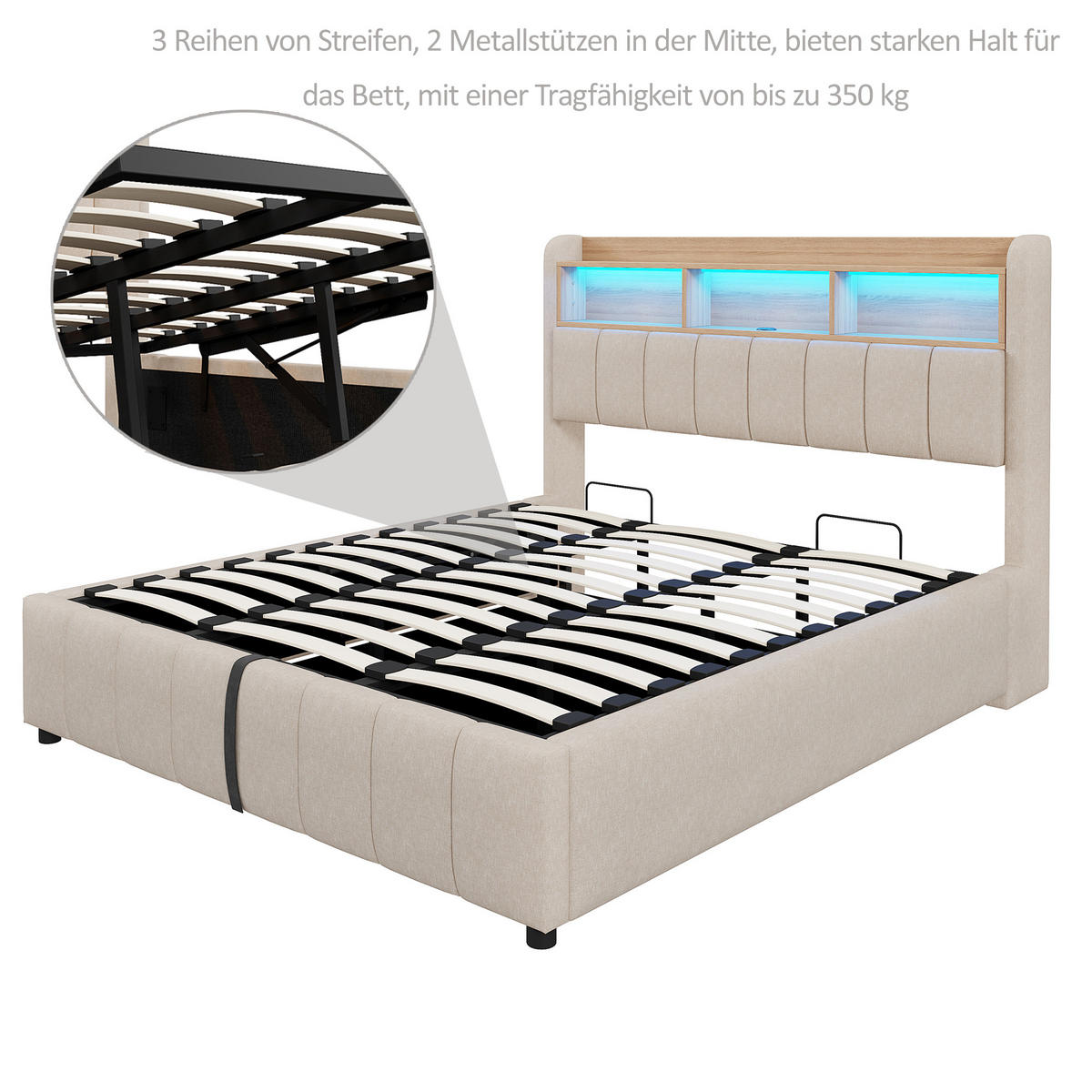 POLSTERBETT 180/200 cm in Beige Leinen mit Bettkasten, LED, USB und Type-C - Beige, Holzwerkstoff/Textil (180/200cm) - WISHDOR