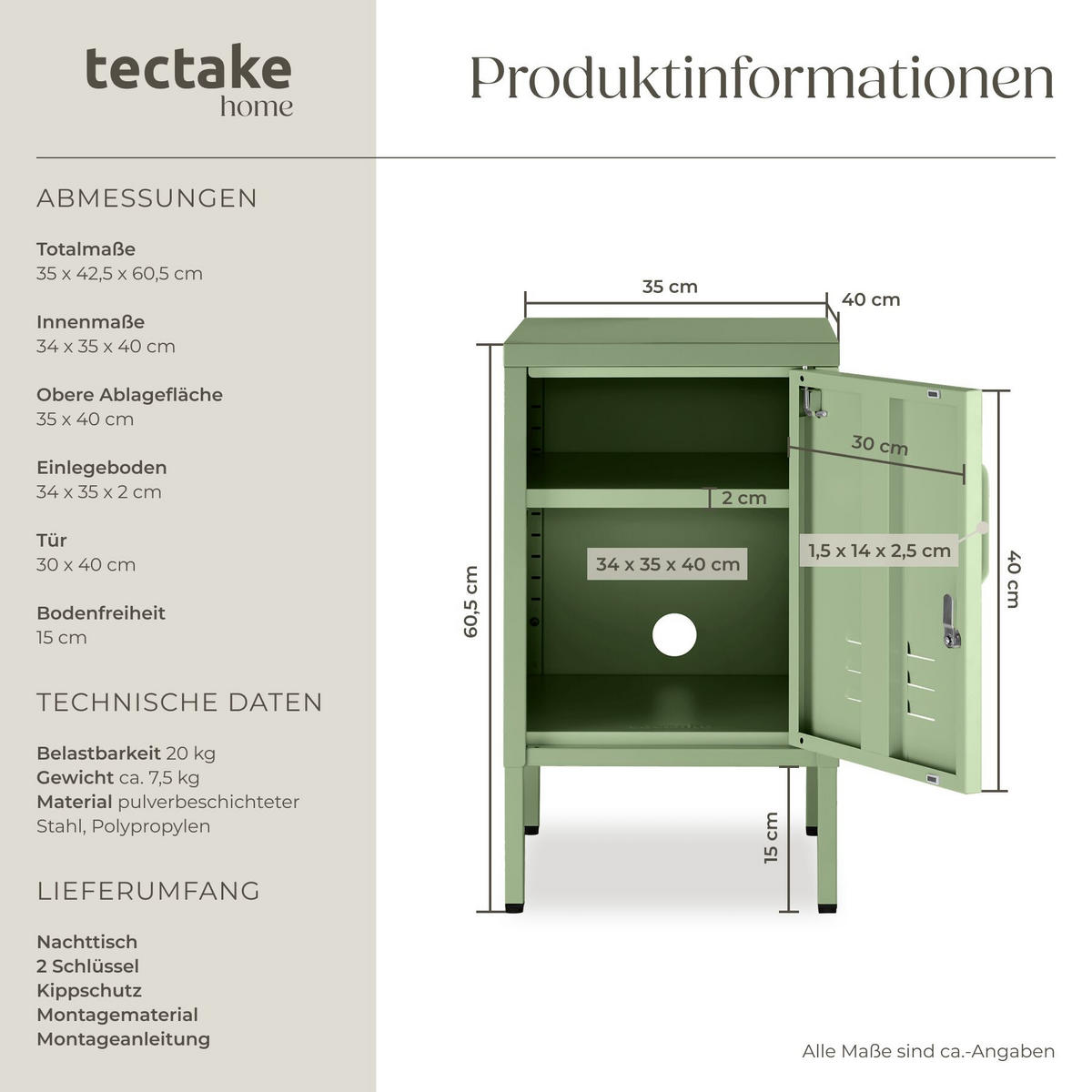 NACHTSCHRANK Baker, Kippschutz, höhenverstellbare Füße, salbeigrün - Salbeigrün, Metall (35/60.5/42.5cm) - tectake