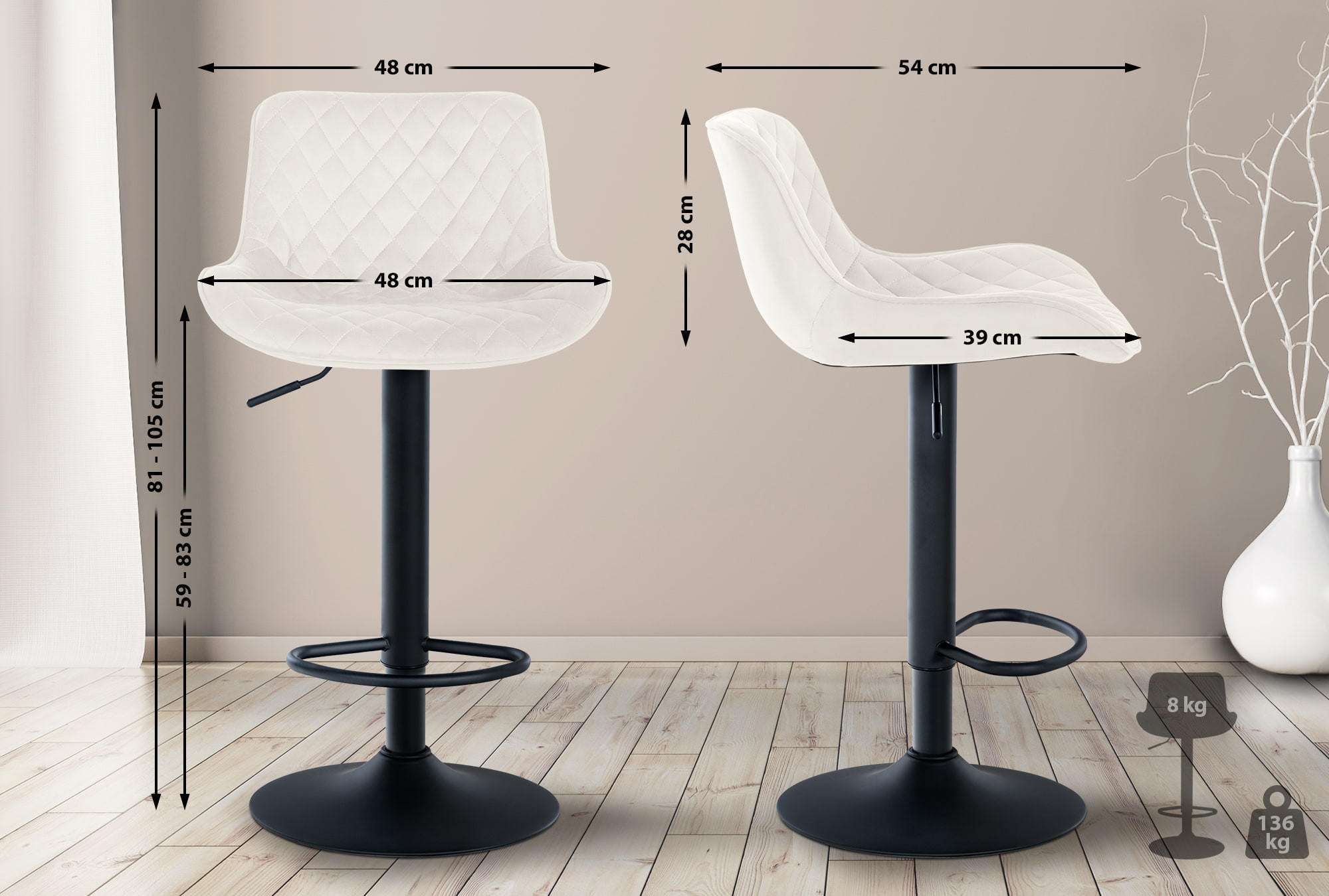 BARHOCKER Samt creme - Creme/Schwarz, Textil/Metall (48/81/54cm) - CLP