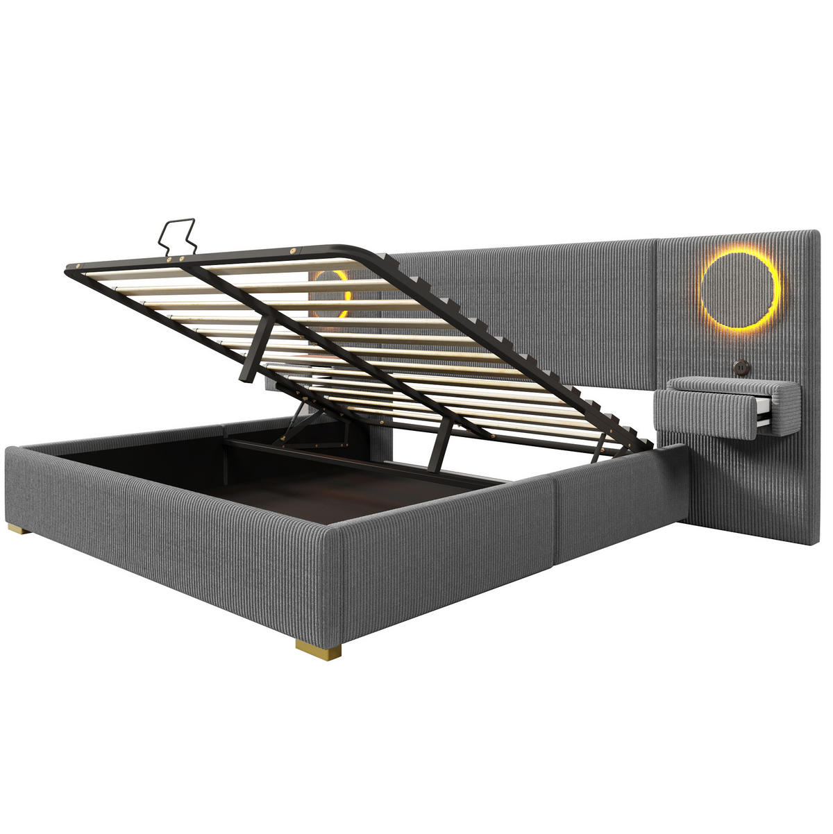 ČALOUNĚNÁ postel 180/200 cm s LED osvětlením, USB porty a hydraulickým úložným prostorem, Šedá - šedá, textil (180/200cm) - Redom