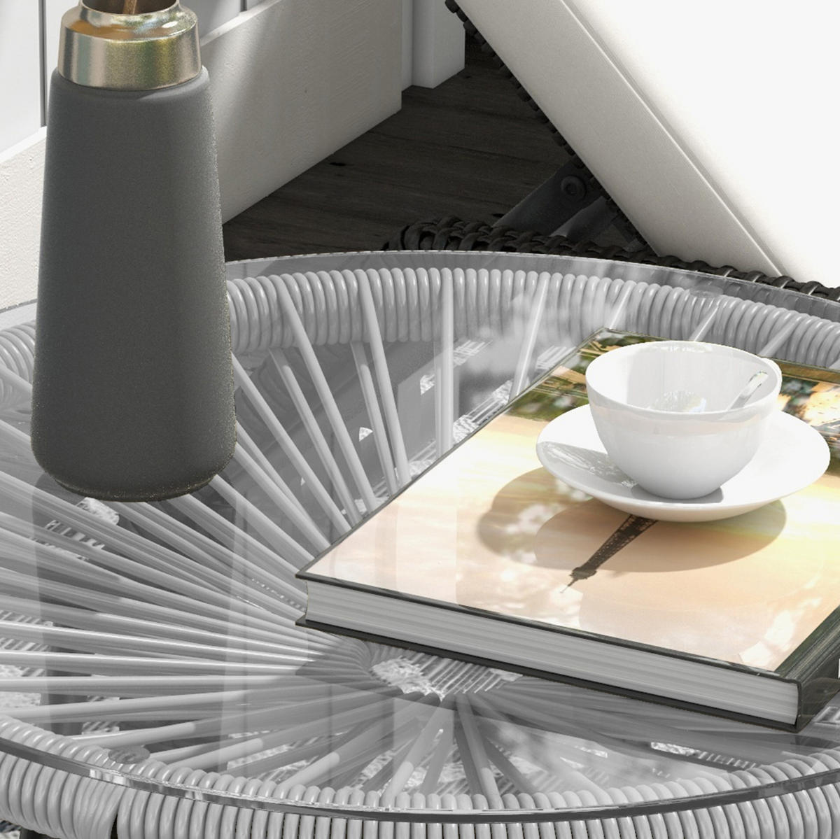 BEISTELLTISCH 50/50/50 cm grau aus Metall mit Glasplatte und PE-Rattan - Grau, Metall (50/50/50cm) - OKWISH