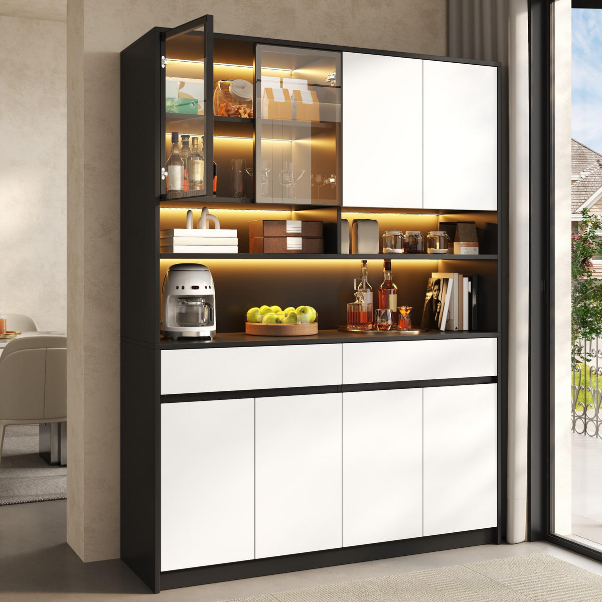 BUFFET Hochschrank mit LED-Glasfach, offenen Ablagen und App-Steuerung - Weiß, Holzwerkstoff (38/160/120cm) - Korfee