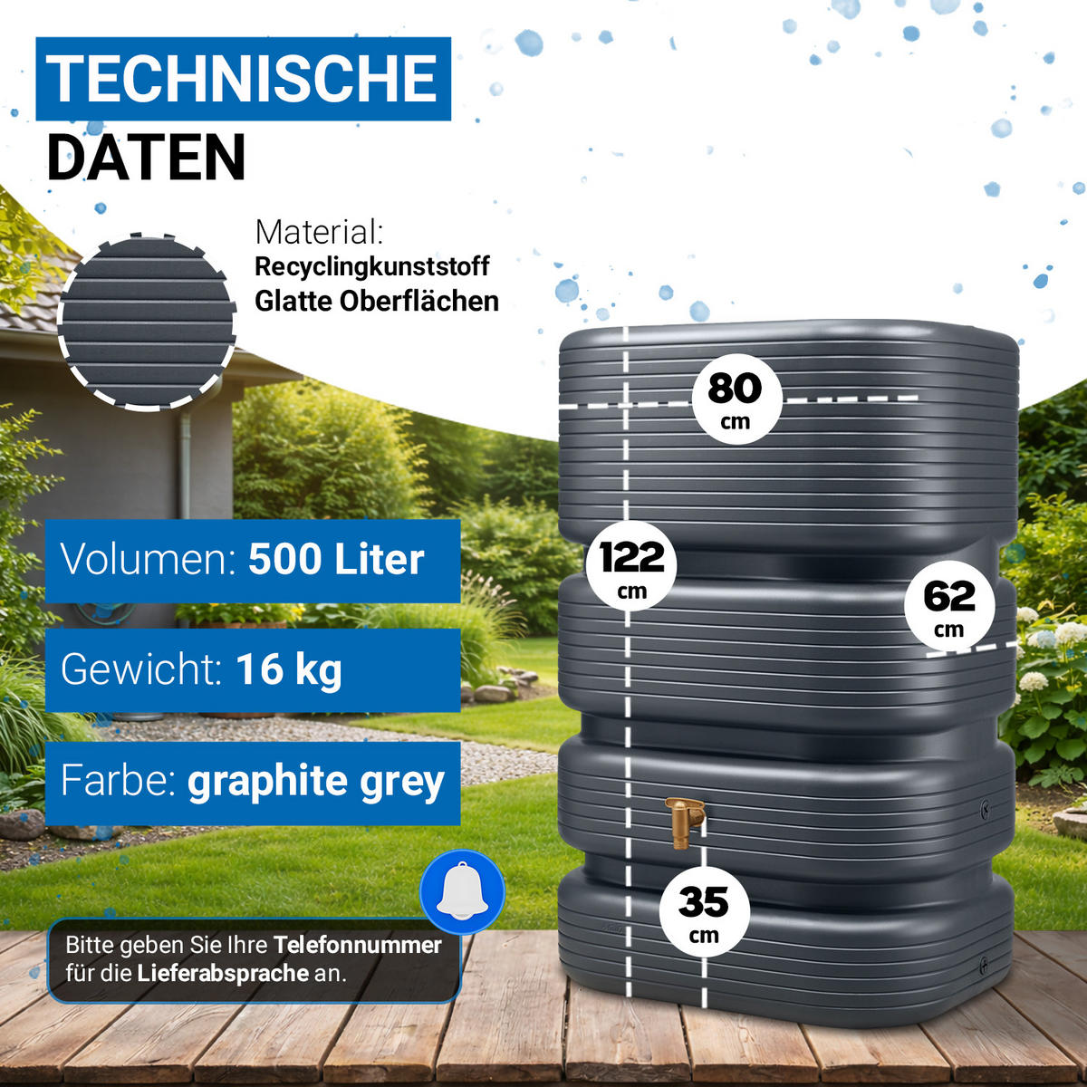 WANDTANK 500 L, graphite grey - Graphitfarben, Kunststoff (62/122/80cm) - 4rain