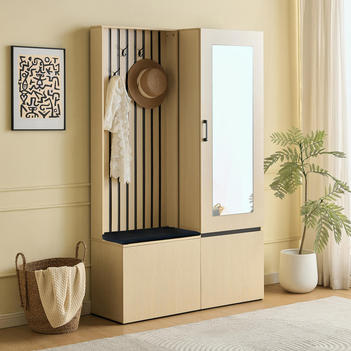 GARDEROBE mit Spiegel, Sitzbank, Kleiderstange und Schuhablage - Ahornfarben, Holzwerkstoff (33/179.5/113.5cm) - Korfee