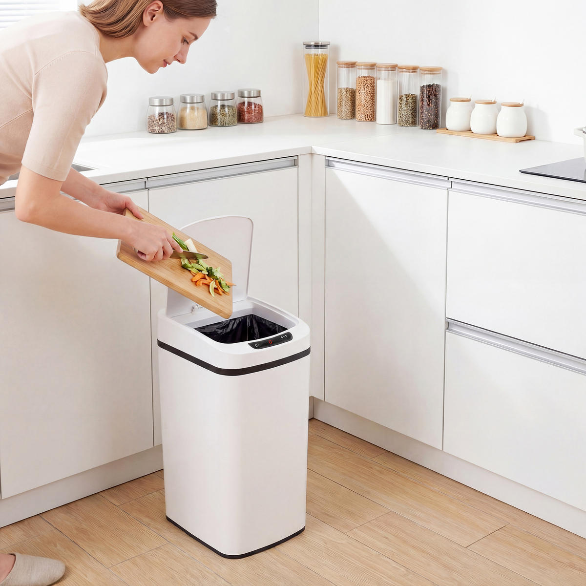 MÜLLEIMER SENSOR 12L Edelstahl Weiß Herausnehmbarer Inneneimer 28/22/41 cm - Weiß, Metall (22/41/28cm) - Rolipo