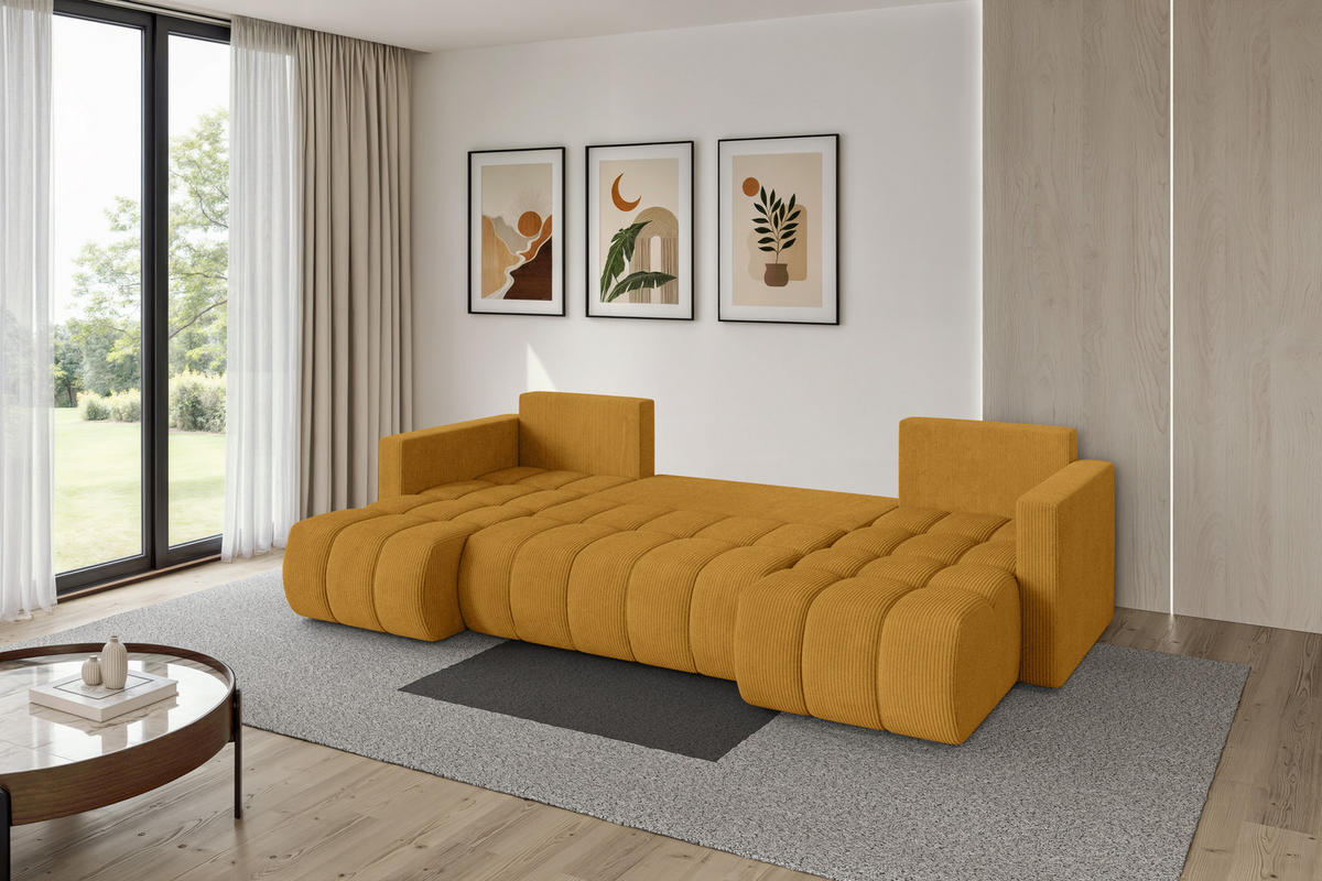 SEDACÍ SOUPRAVA DO U s funkcí spaní a úložným prostorem GARD-U 300x146x85 hořčicově žlutá manšestr - černá/tmavě žlutá, kompozitní dřevo/textil (300/85/146cm) - ALTDECOR
