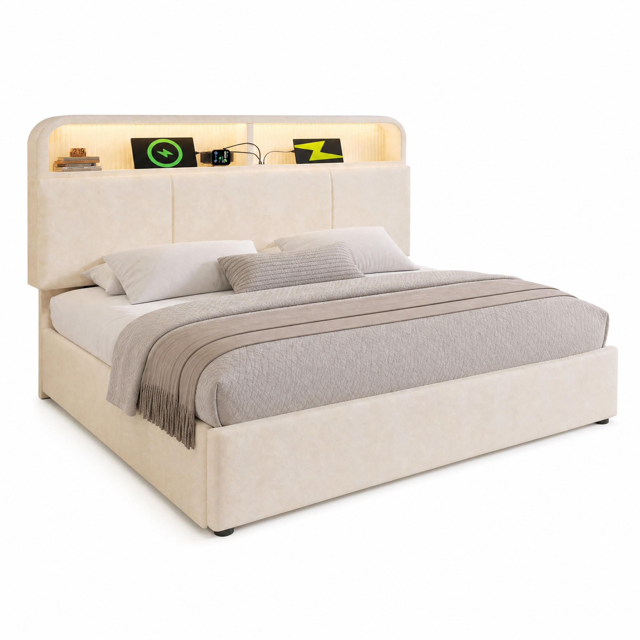 POLSTERBETT 160/200 mit Bettkasten, LED und USB & Type-C in Beige - Beige, Holzwerkstoff/Textil (160/200cm) - EVRYAE