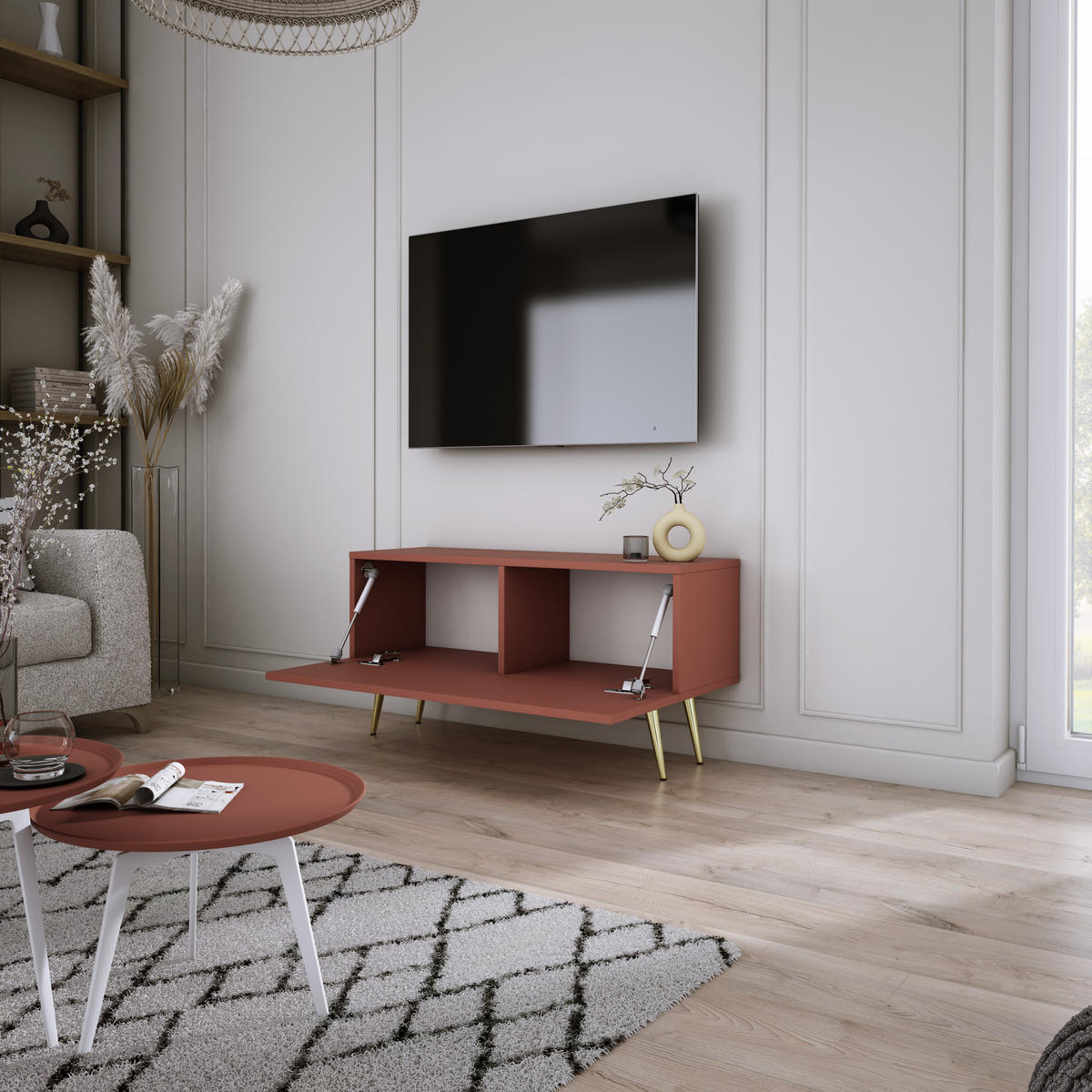 TV-SCHRANK : Ziegelrot, 100 x 52 x 32 cm, Goldene Beine - Rot/Goldfarben, Holzwerkstoff/Metall (100/52/32cm) - 3XE LIVING